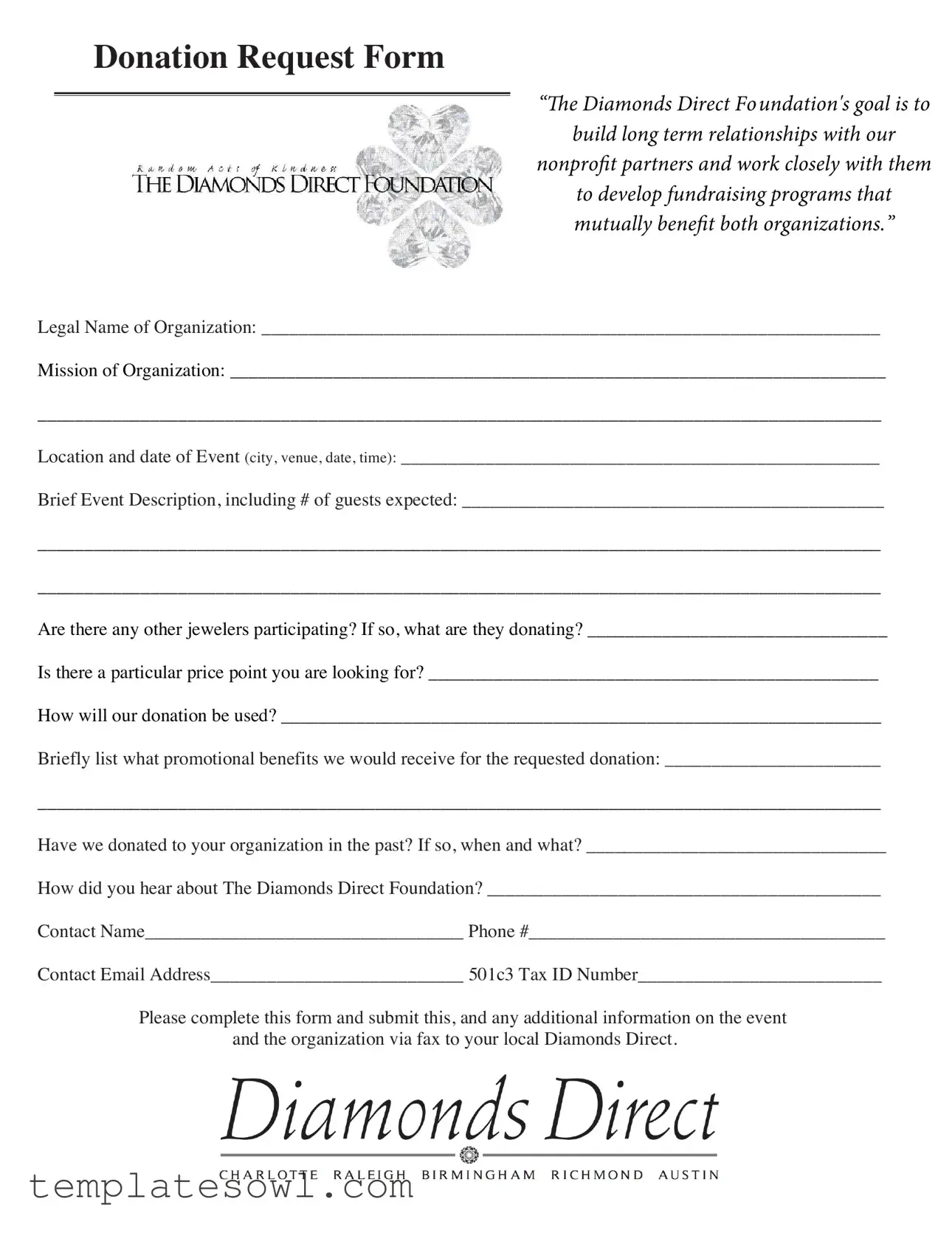 Fill Out Your Diamonds Donation Request Form