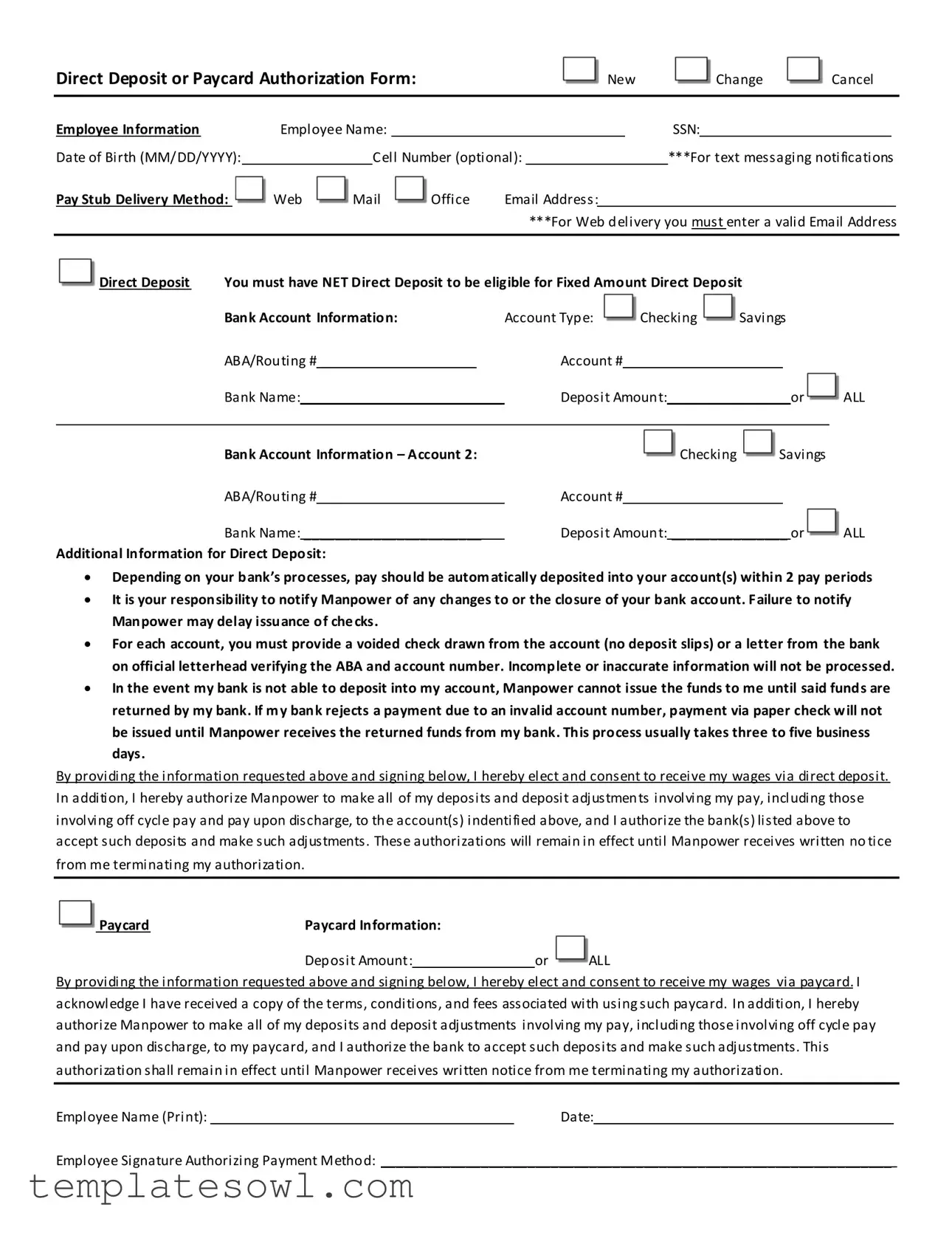 Fill Out Your Direct Deposit Paycard Authorization Form