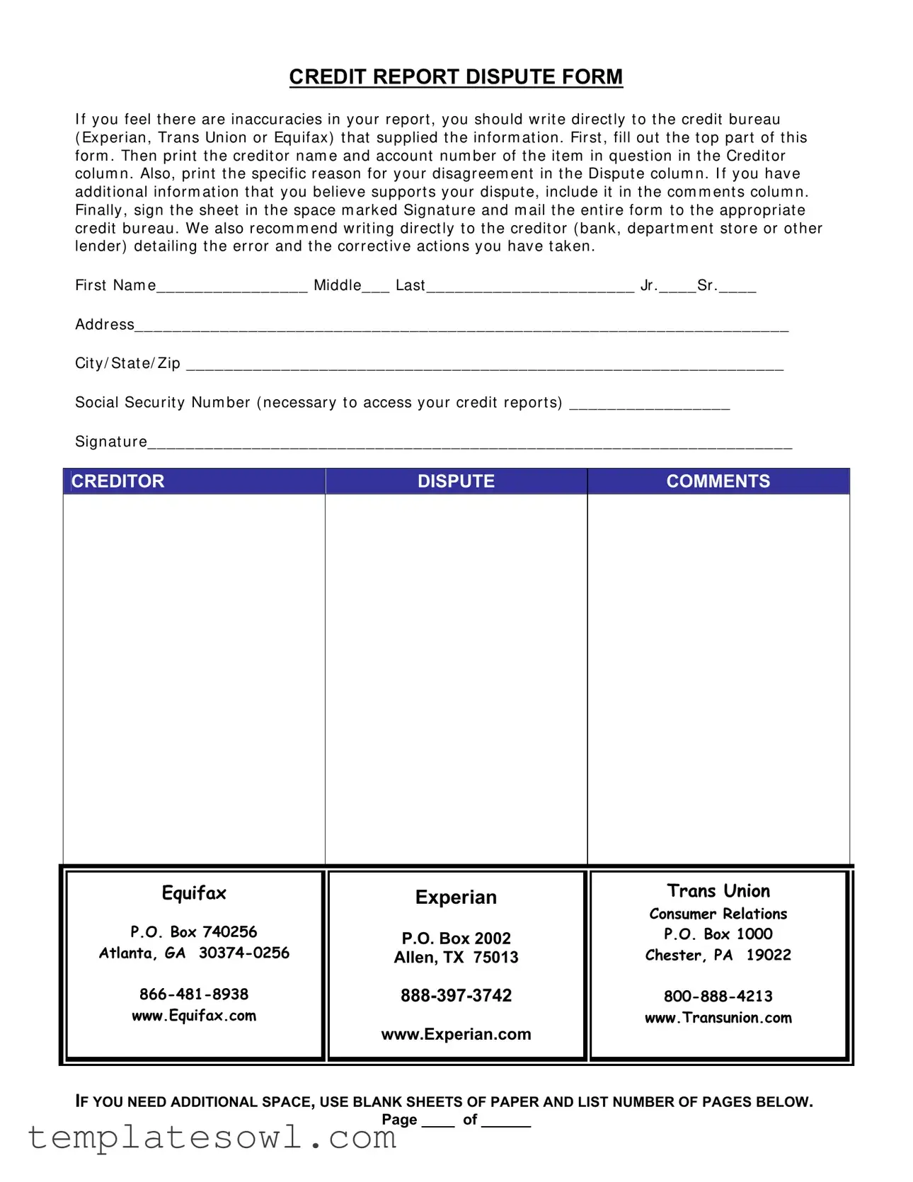 Fill Out Your Dispute Transunion Form