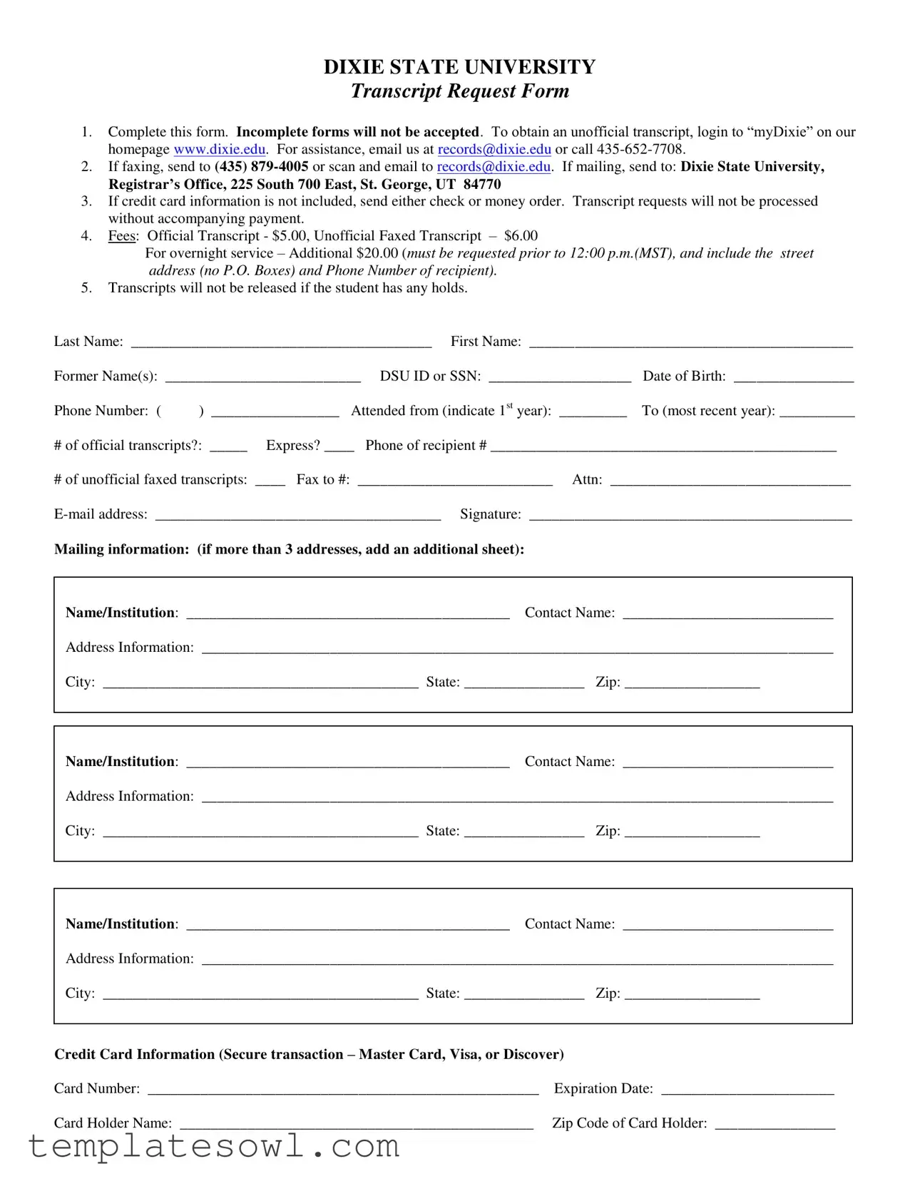 Fill Out Your Dixie Transcripts Form