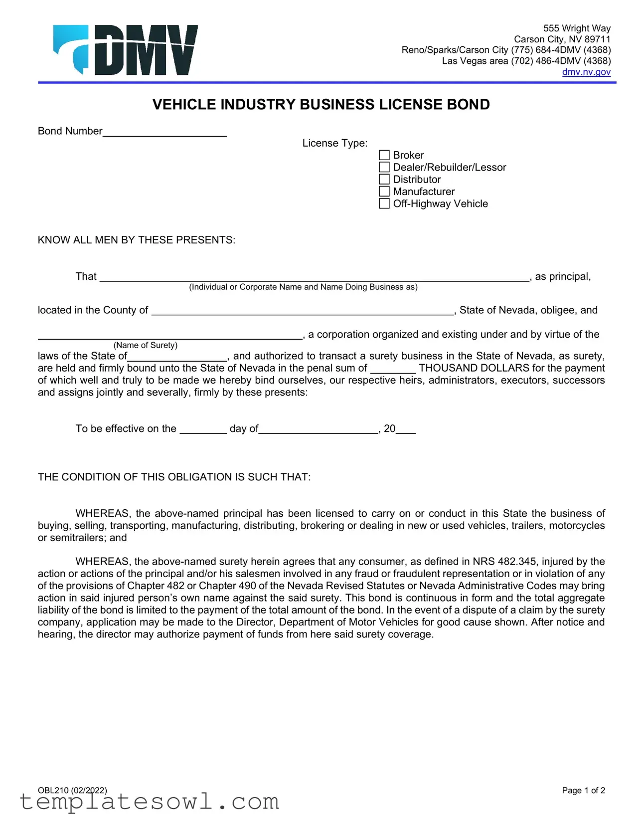 Fill Out Your Dmv Obl210 Form