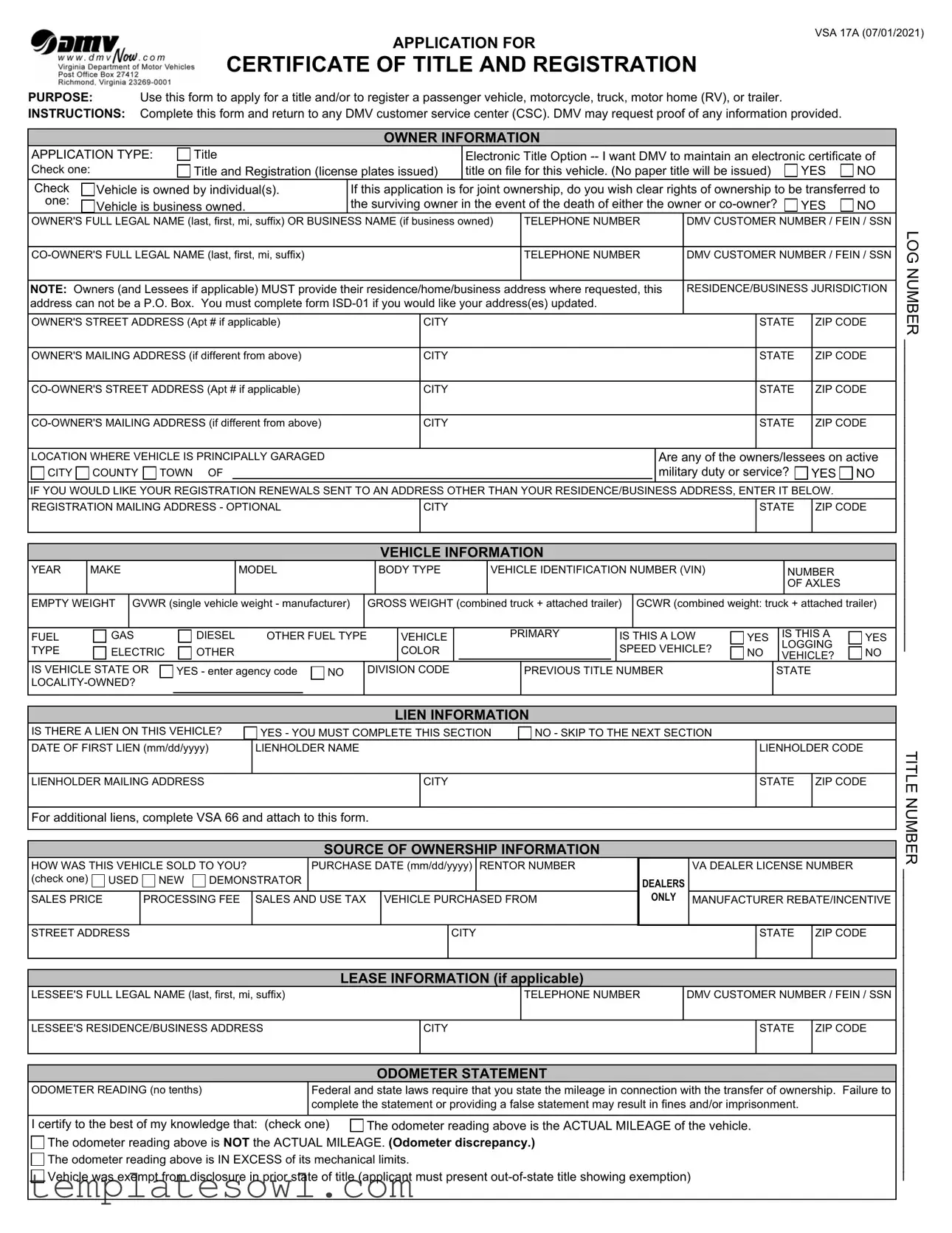 Fill Out Your Dmv Vsa 17A Form