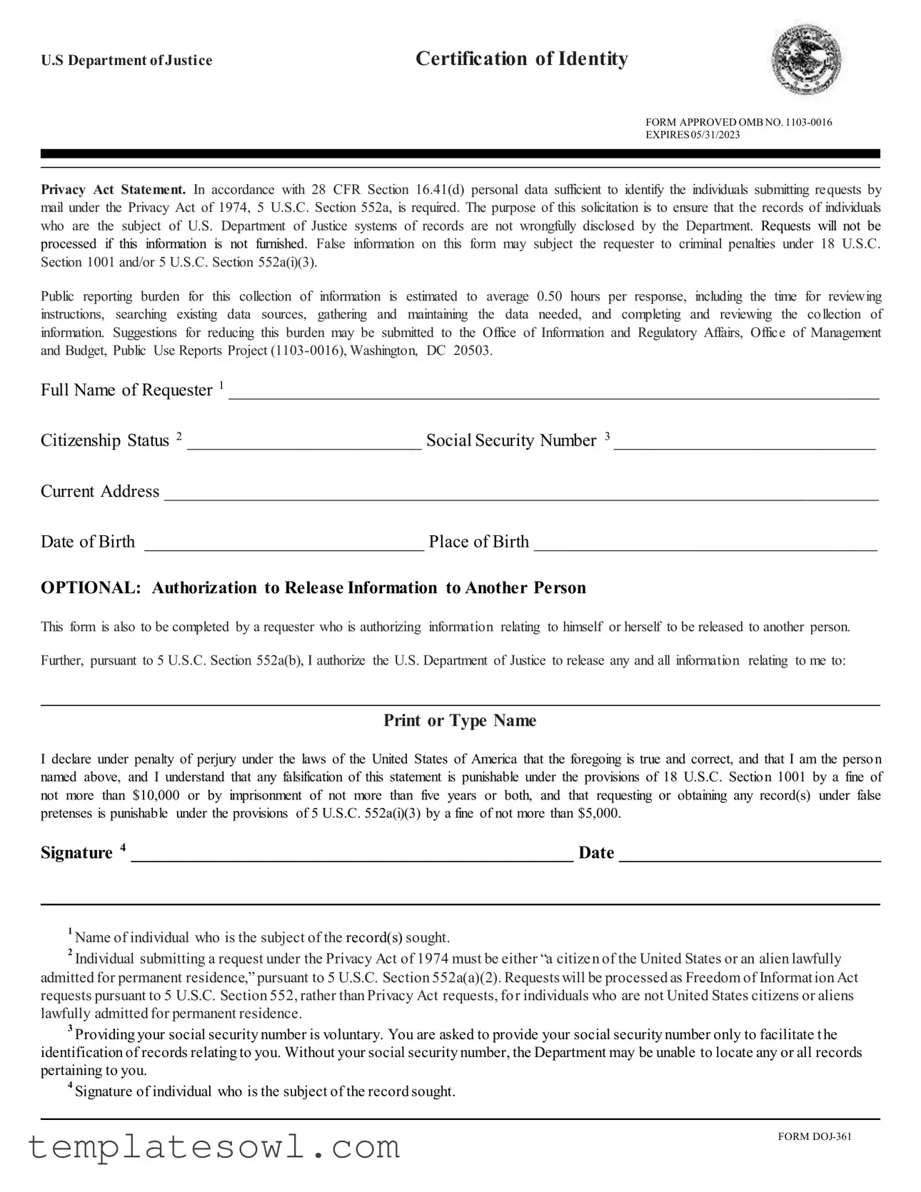 Fill Out Your Doj 361 Form