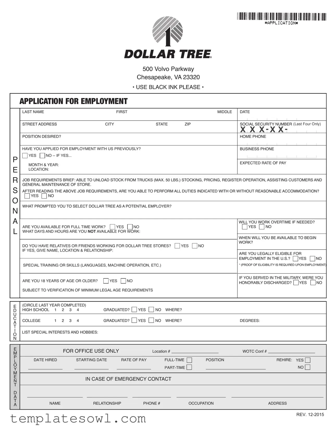 Fill Out Your Dollar Tree Application Form