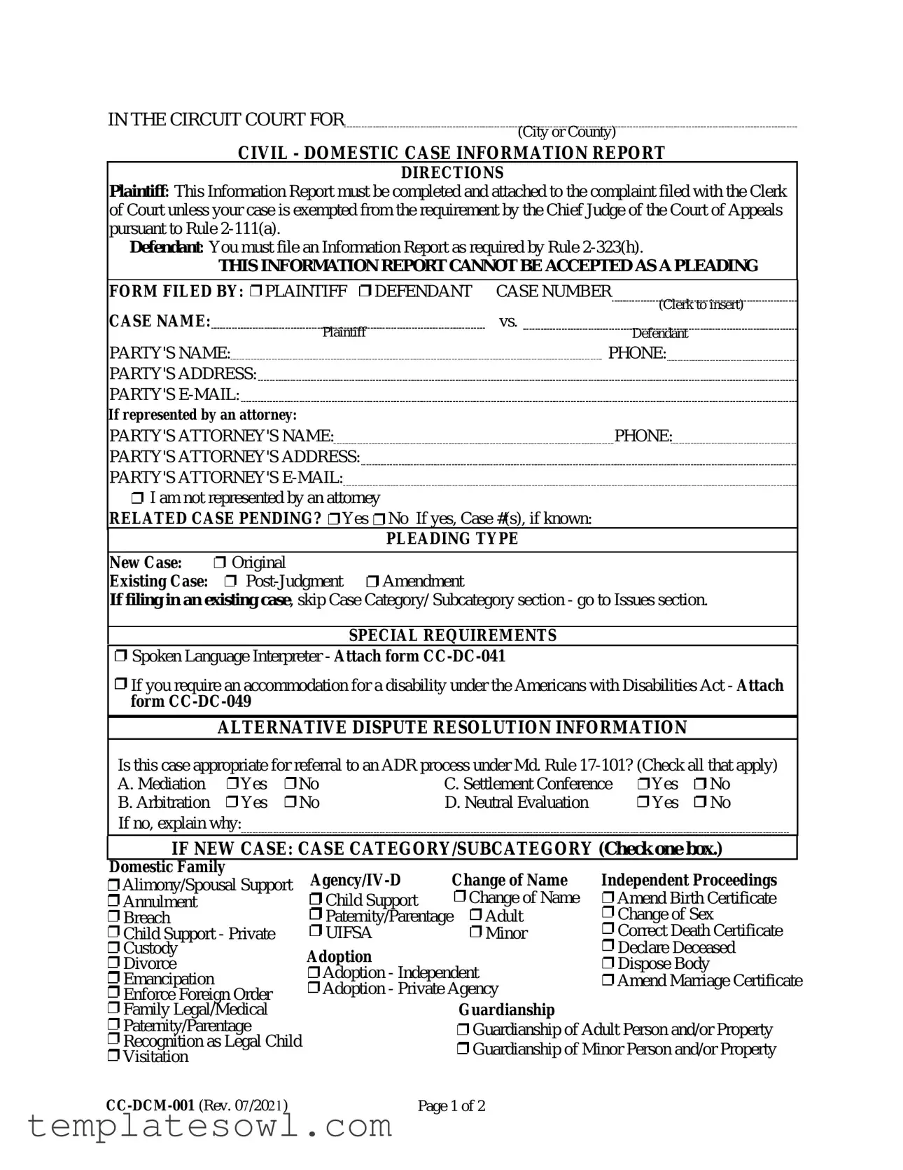 Fill Out Your Domestic Information Report Form