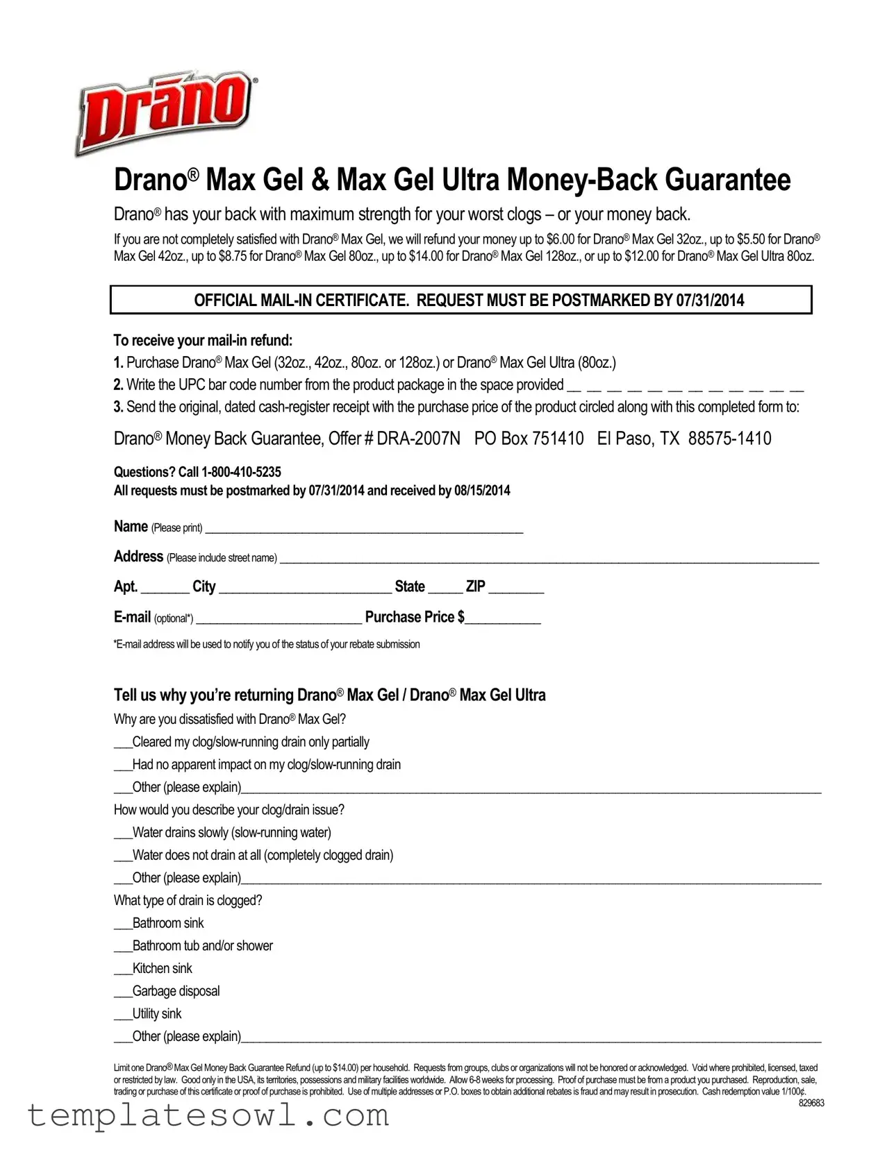 Fill Out Your Drano Max Gel Form