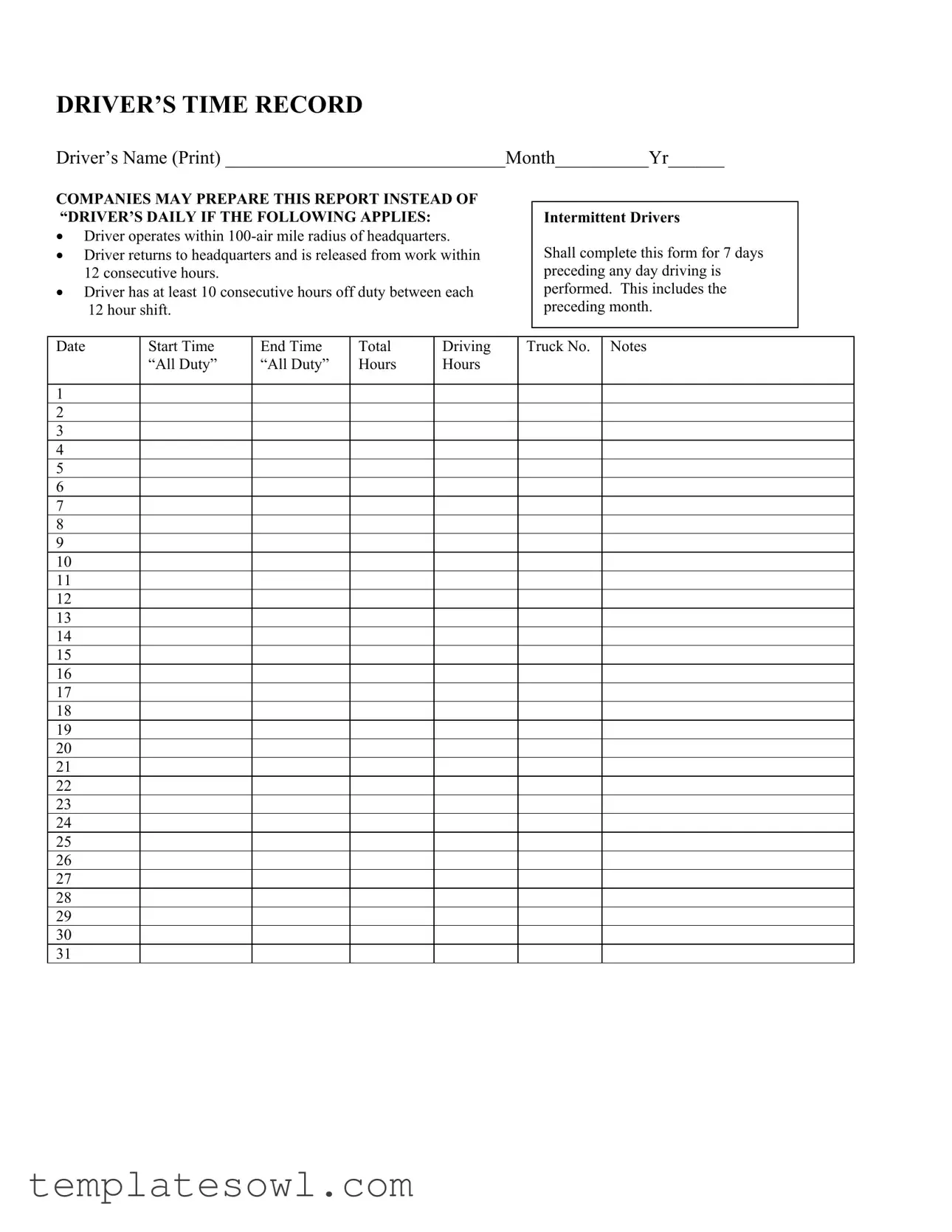 Fill Out Your Driver Time Record Form