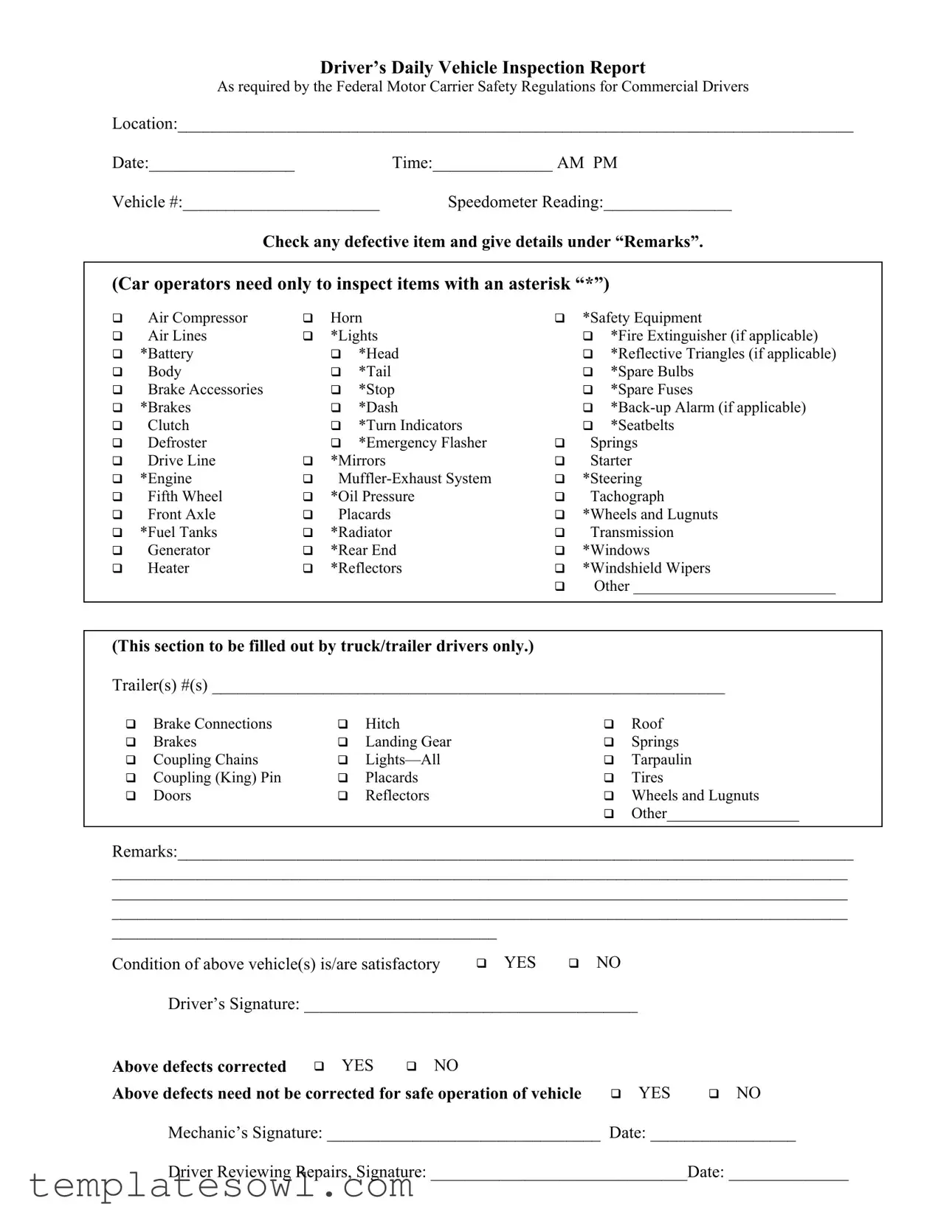 Fill Out Your Drivers Daily Vehicle Inspection Report Form