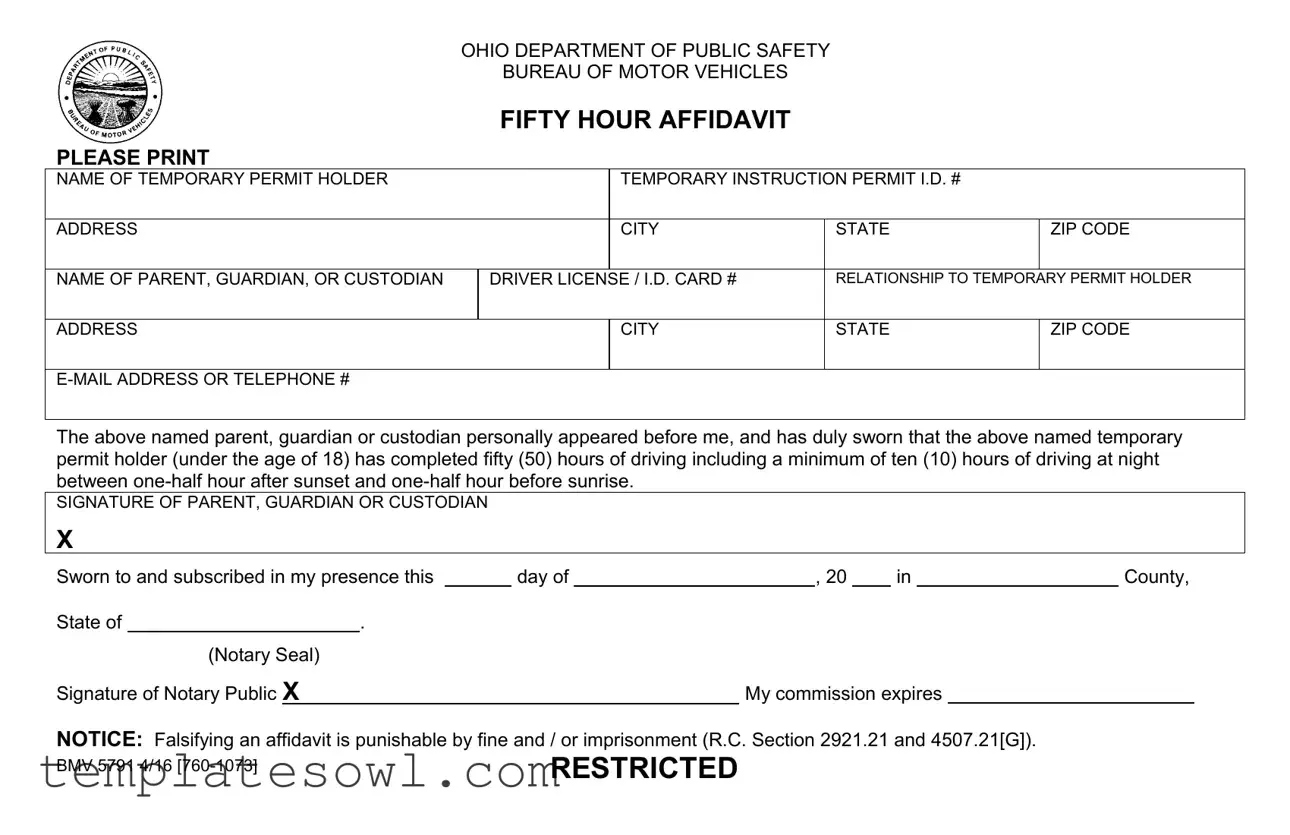 Fill Out Your Driving Fifty Hour Affidavit Form