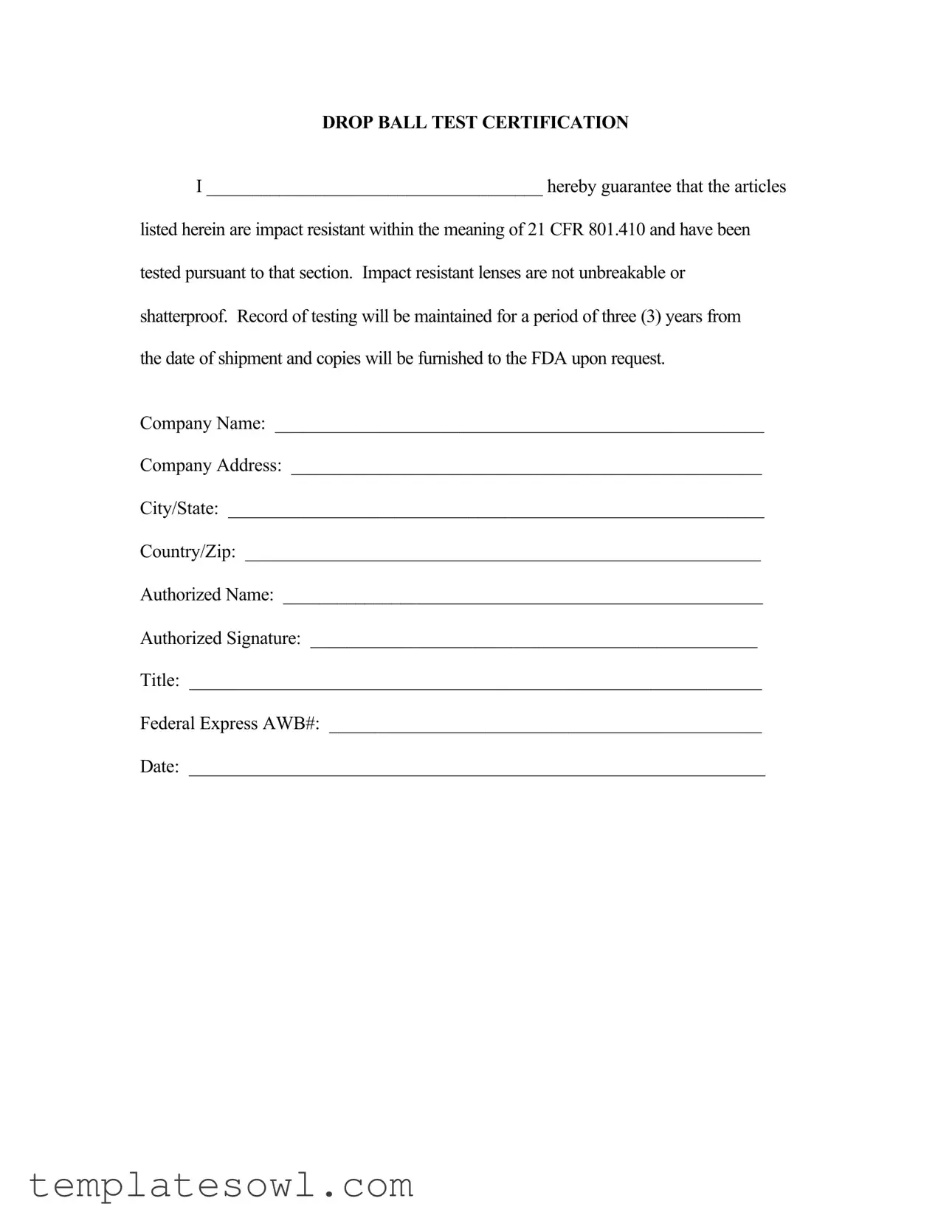 Fill Out Your Drop Ball Certificate Form