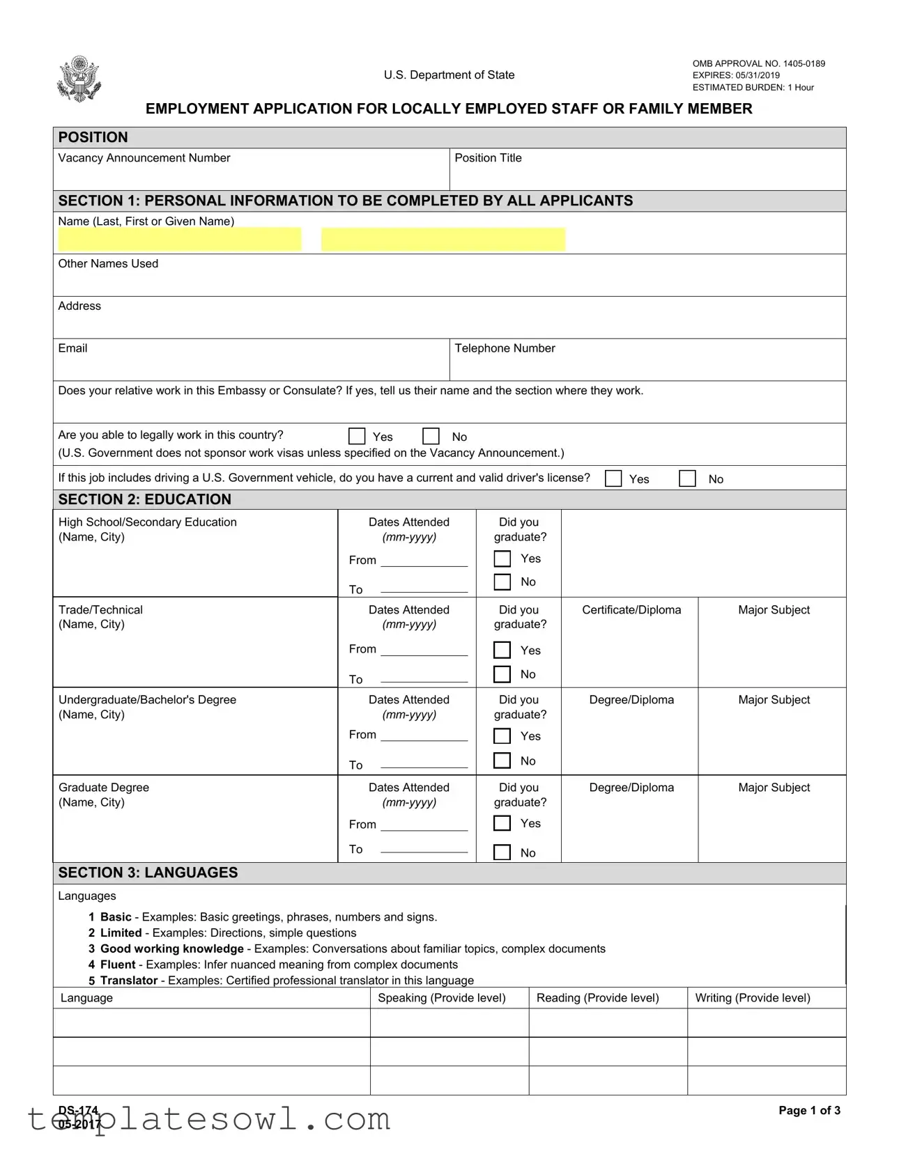 Fill Out Your Ds 174 Application For Employment Form