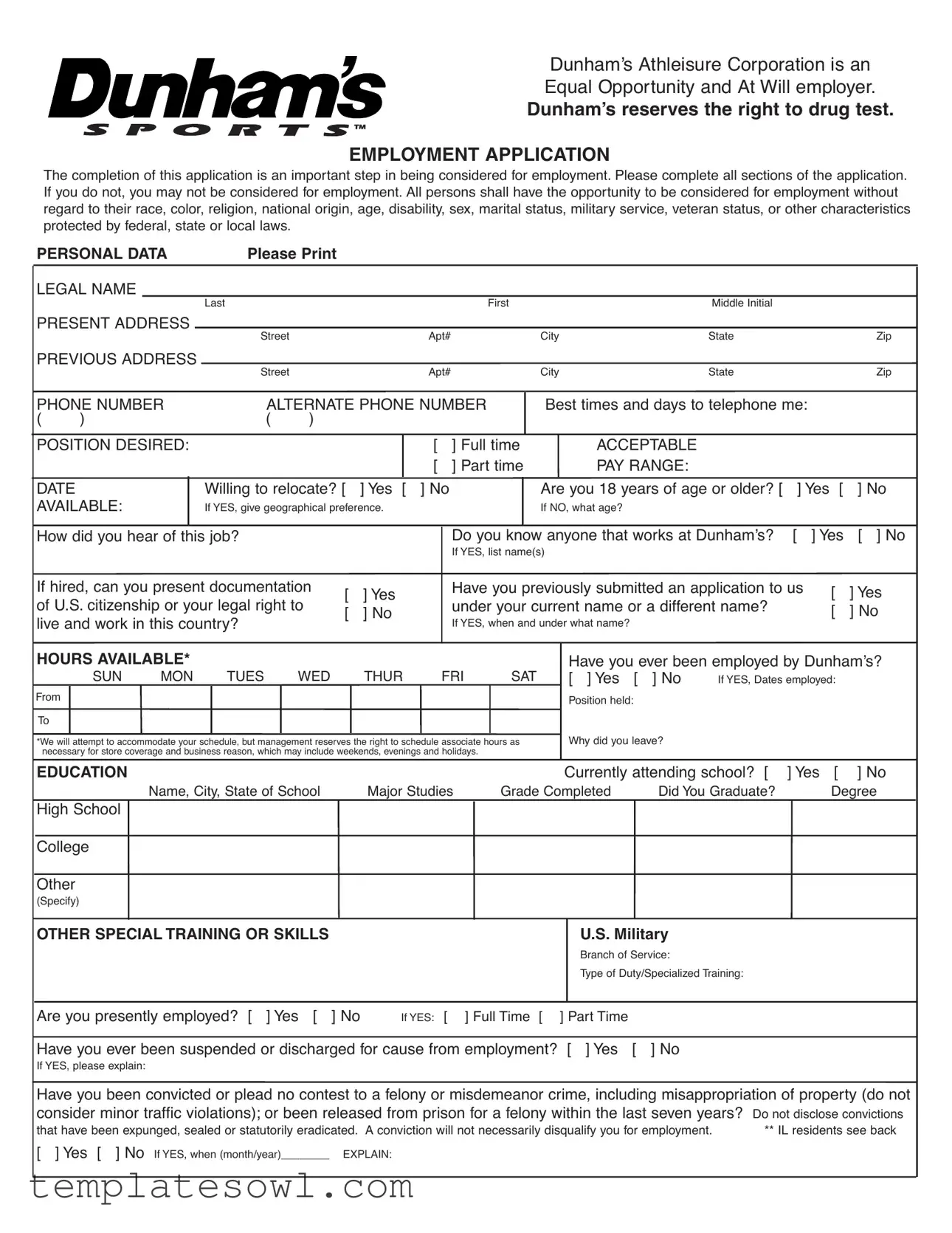Fill Out Your Dunhams Application Form