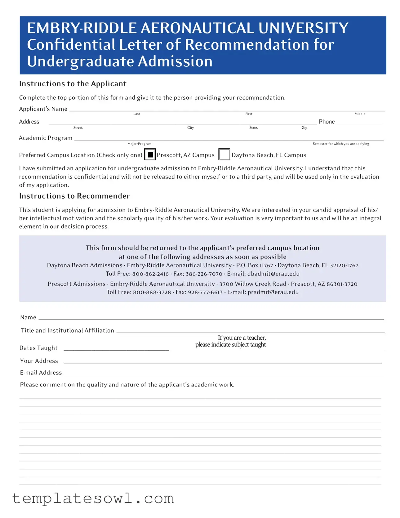 Fill Out Your Embry Riddle Letter Recommendation Form