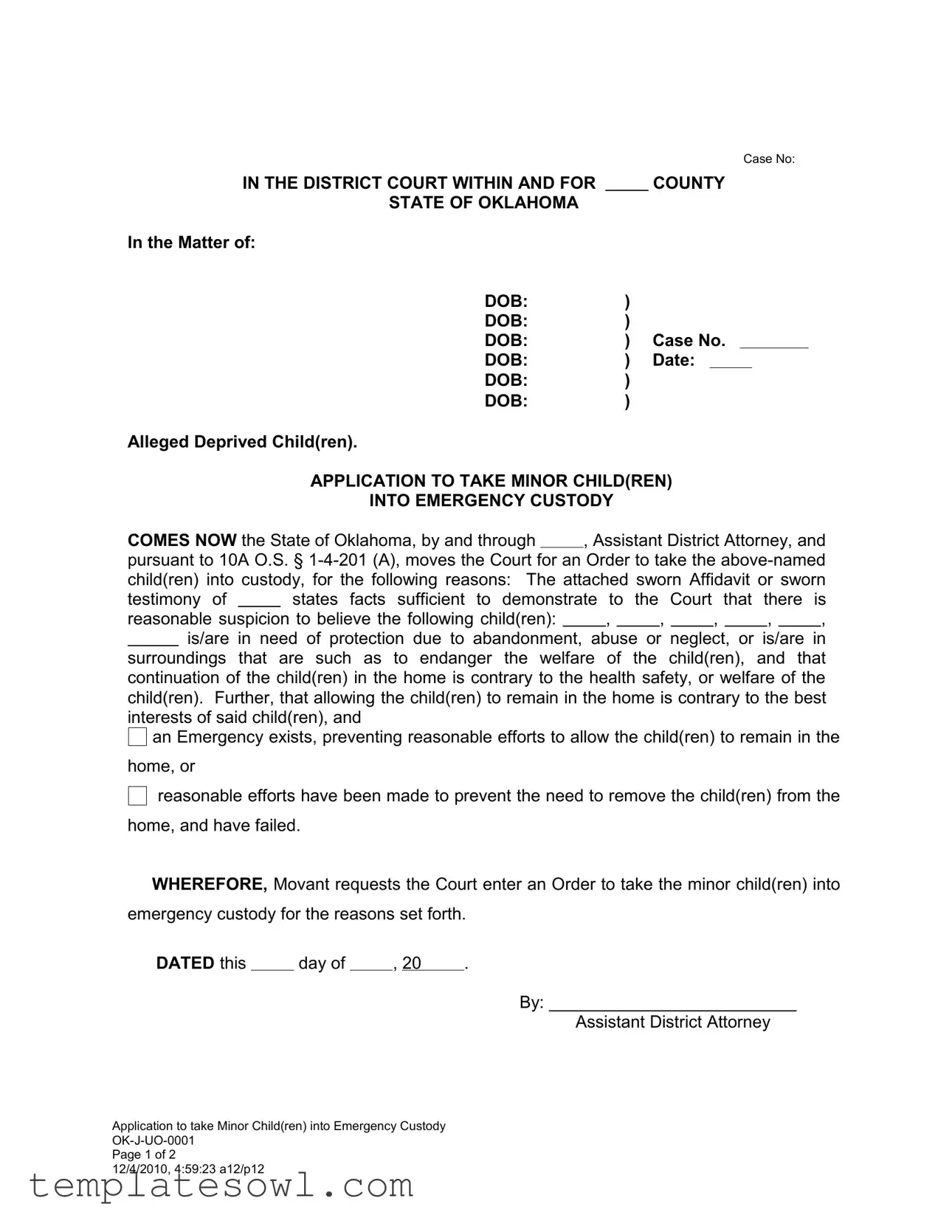 Fill Out Your Emergency Custody Oklahoma Form