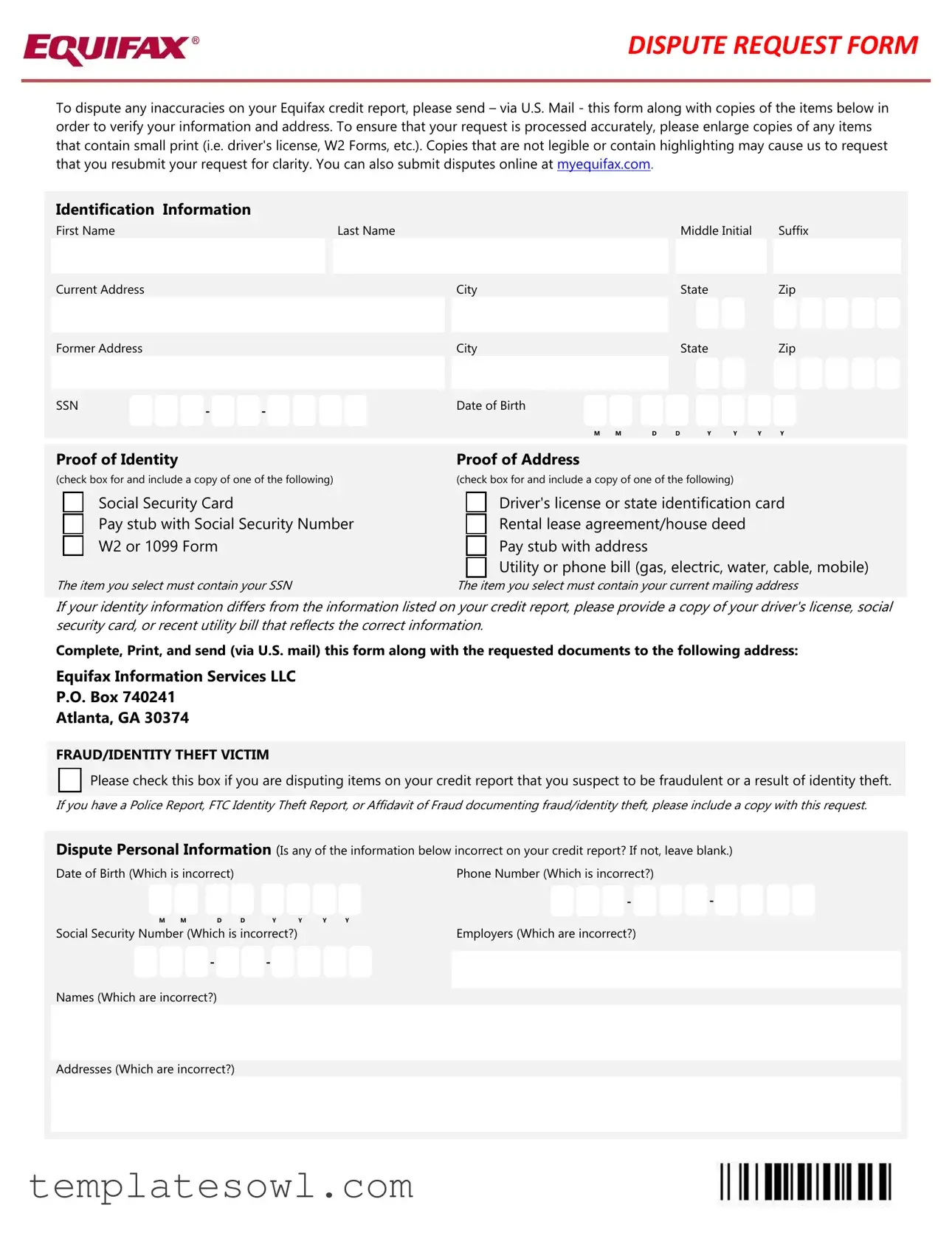 Fill Out Your Equifax Dispute Request Form