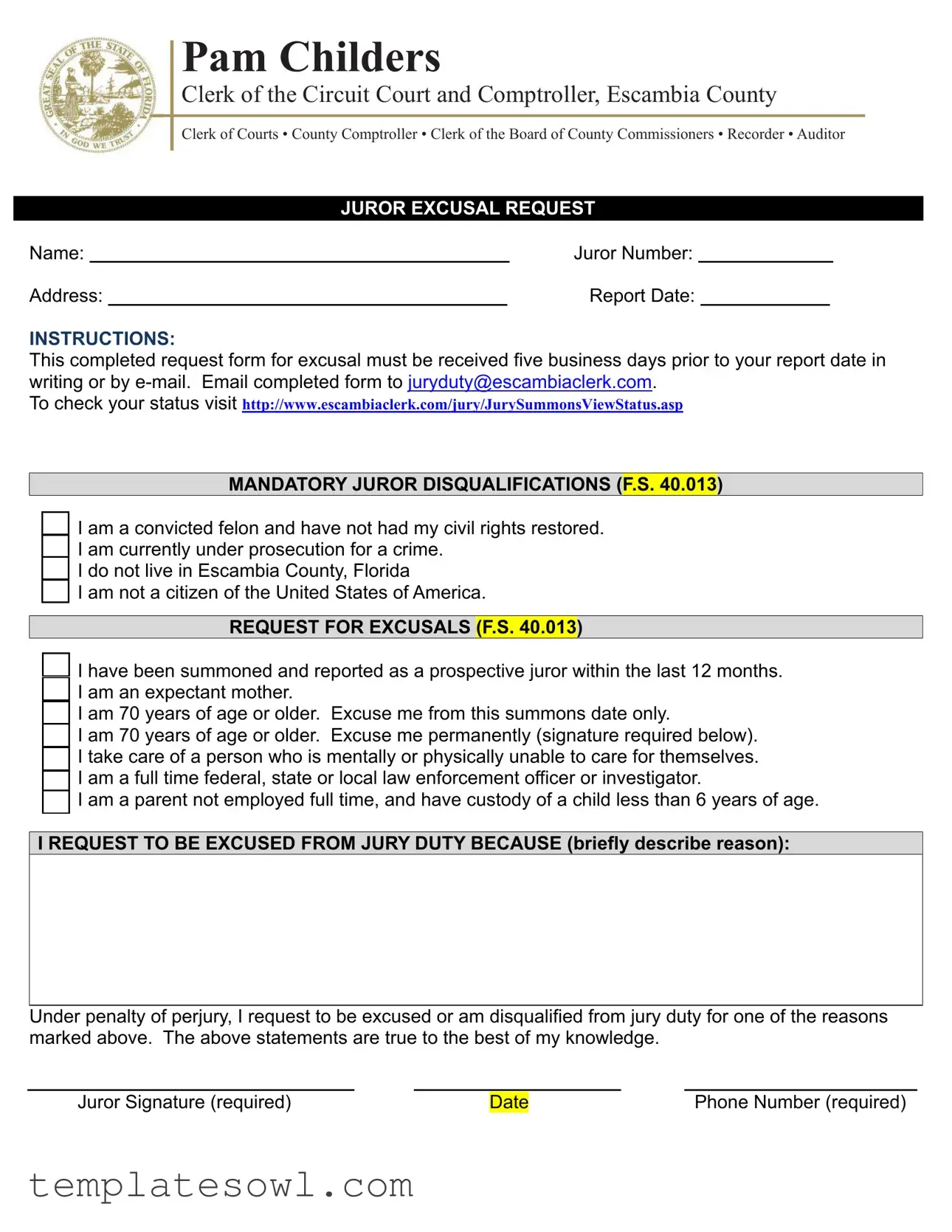 Fill Out Your Escambia County Jury Excusal Form