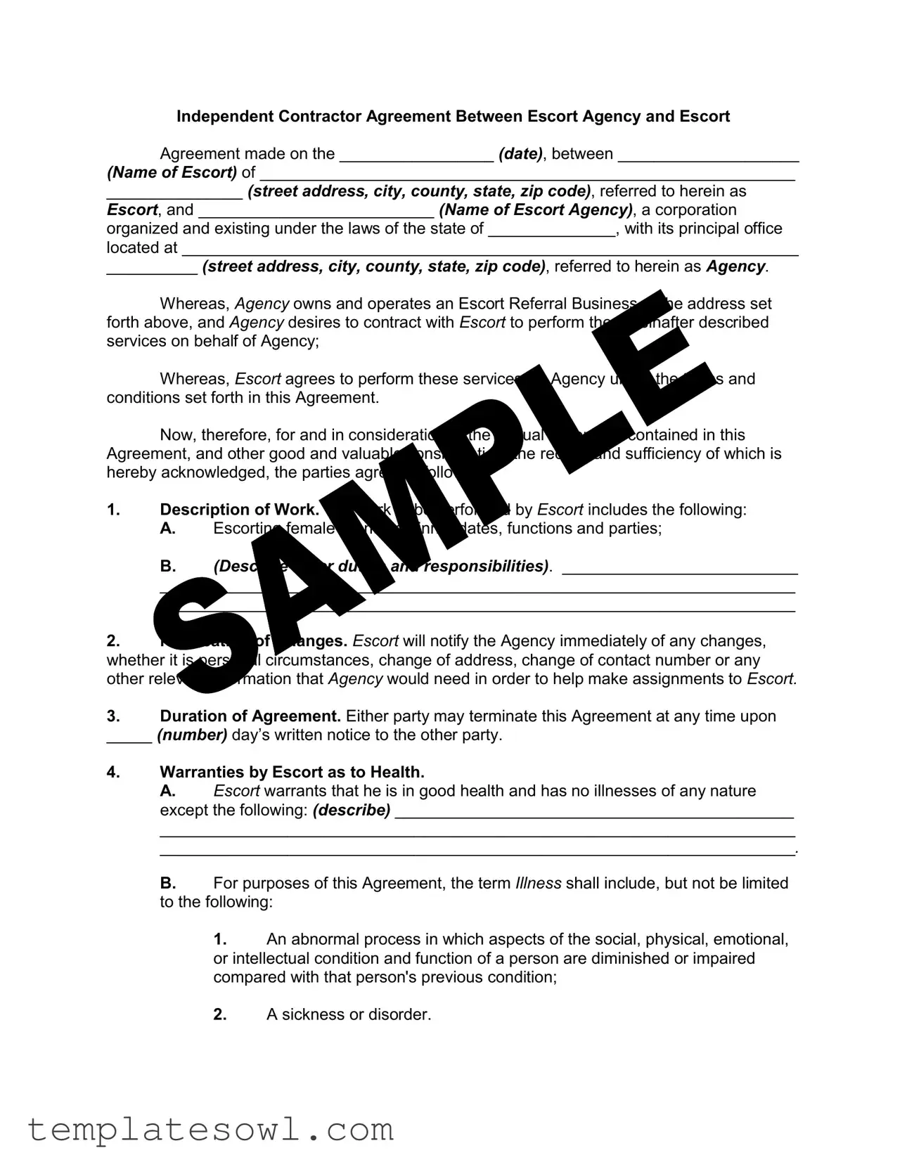 Fill Out Your Escort Agency Contract Form