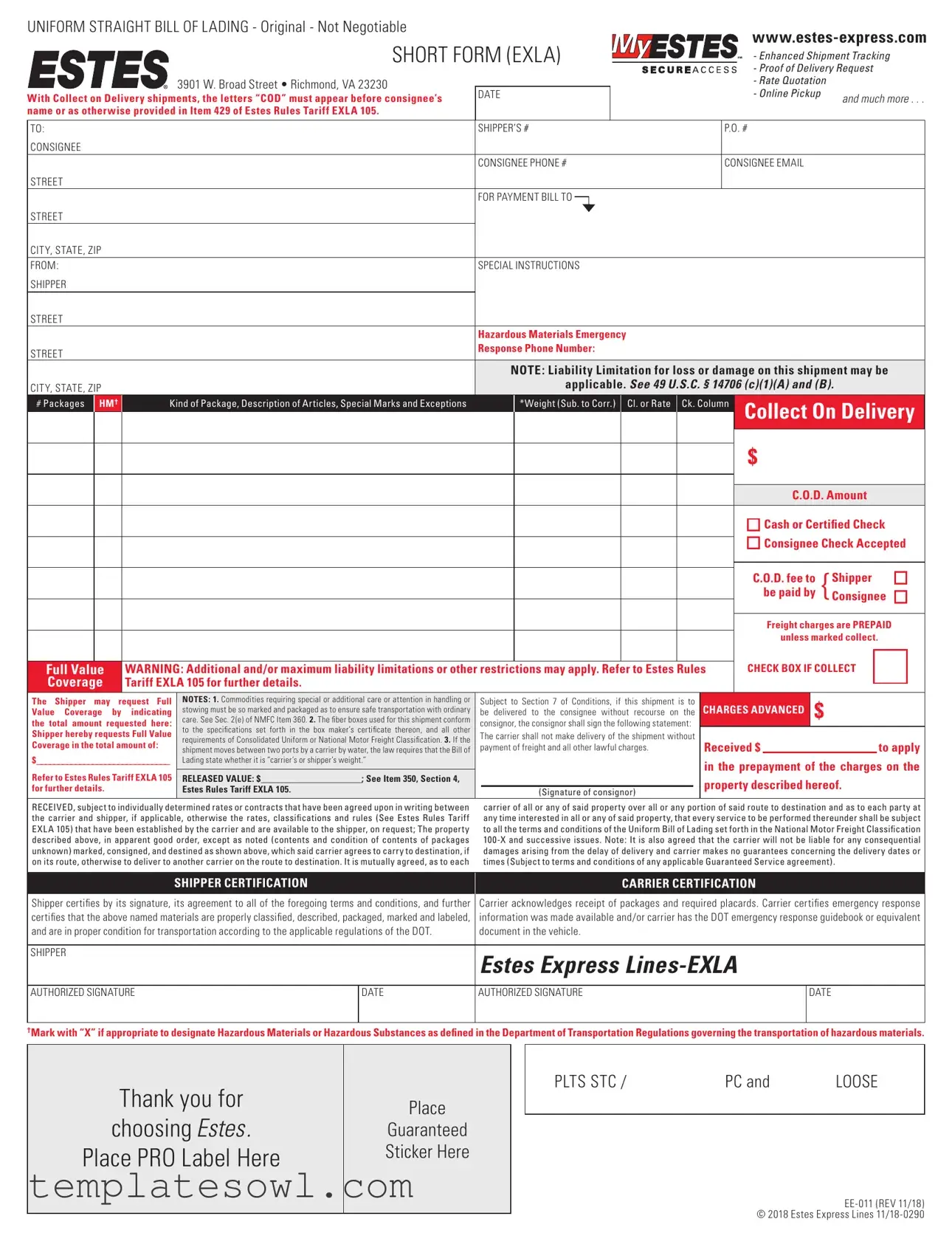 Fill Out Your Estes Express Bill Of Lading Form