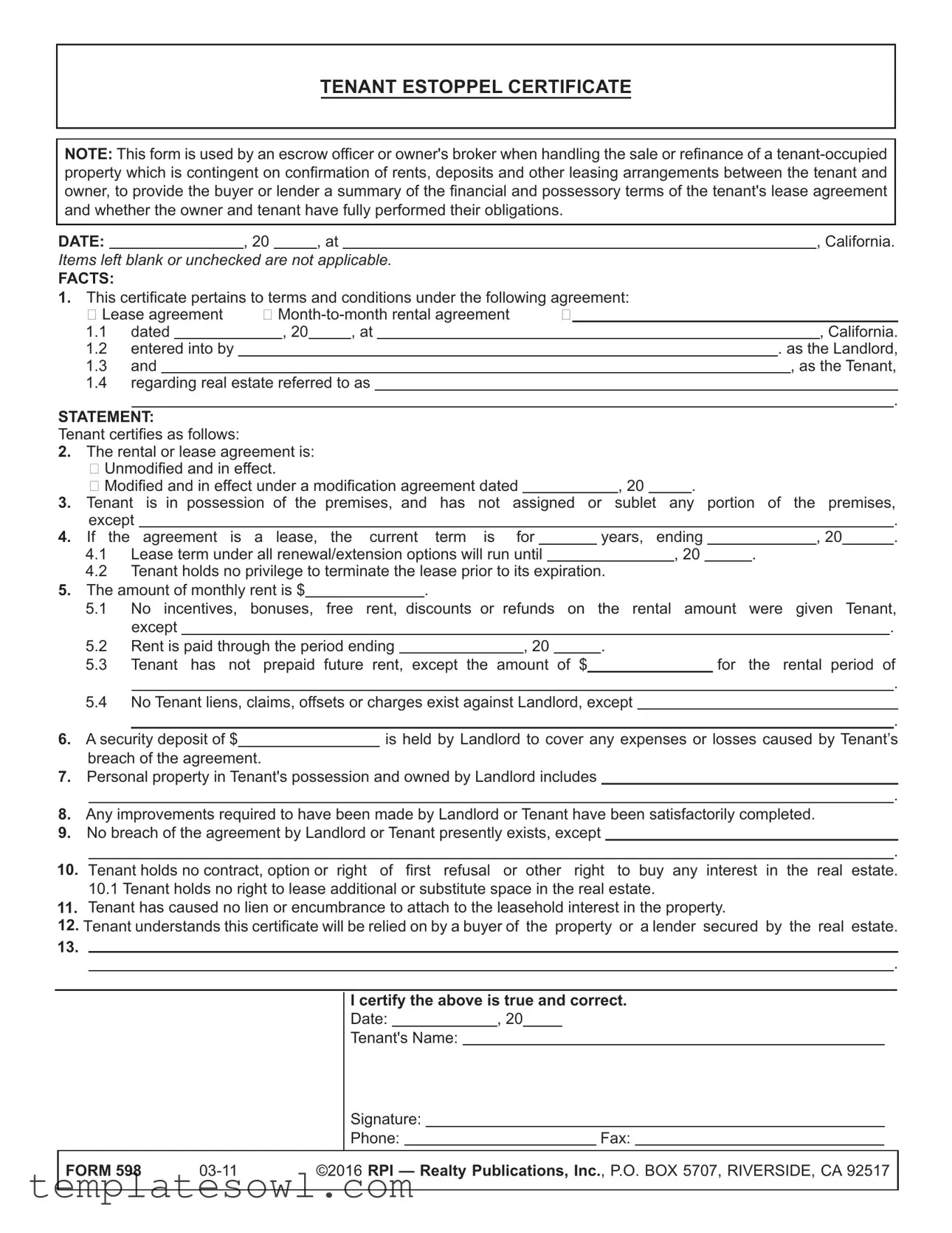 Fill Out Your Estoppel Certificate Form