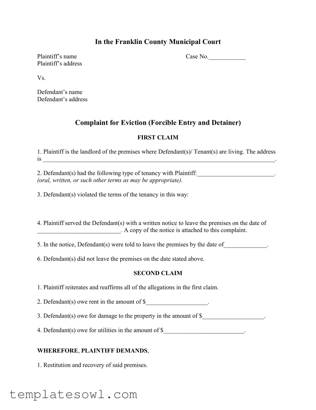 Fill Out Your Eviction Complaint Franklin County Form