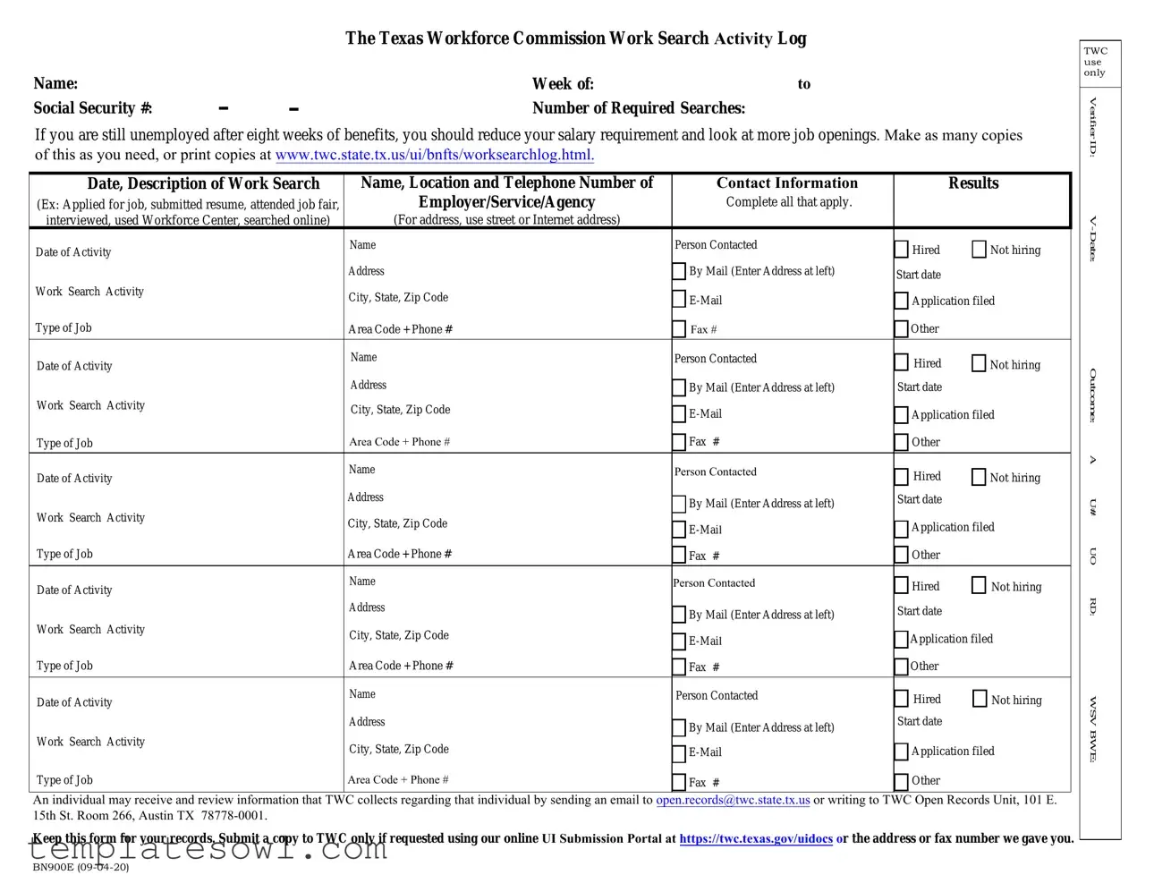 Fill Out Your Example Of Twc Work Search Log Form