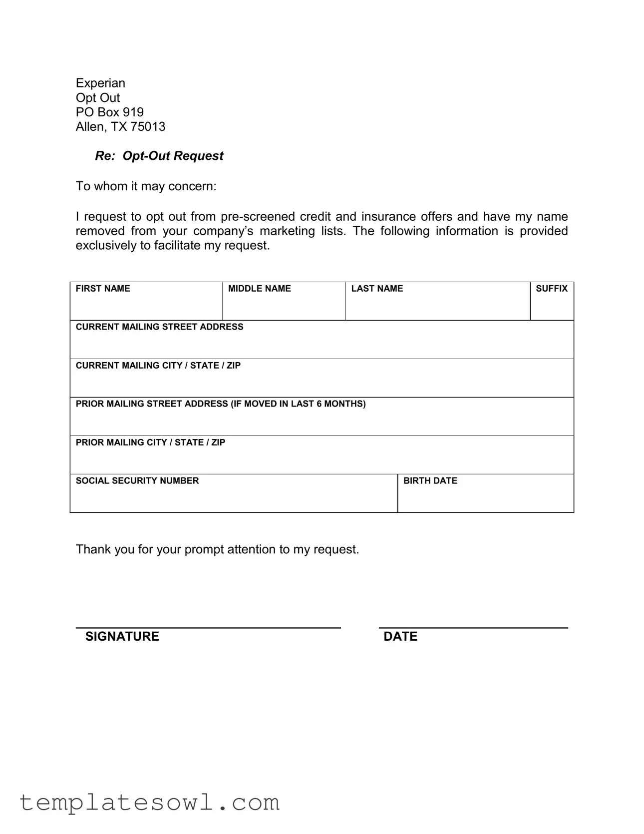 Fill Out Your Experian P Box 919 Allen Tx 75013 Form