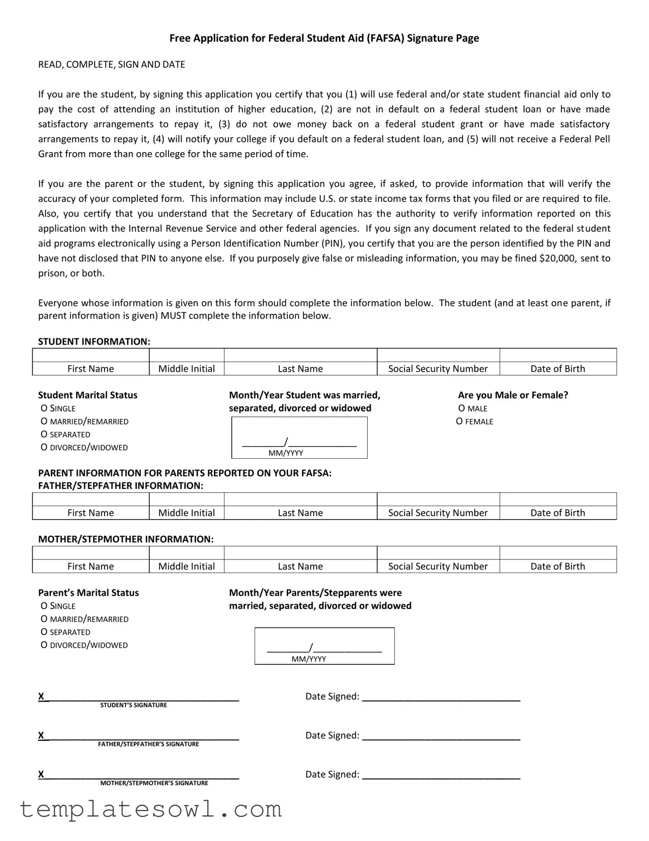 Fill Out Your Fafsa Signature Page Form