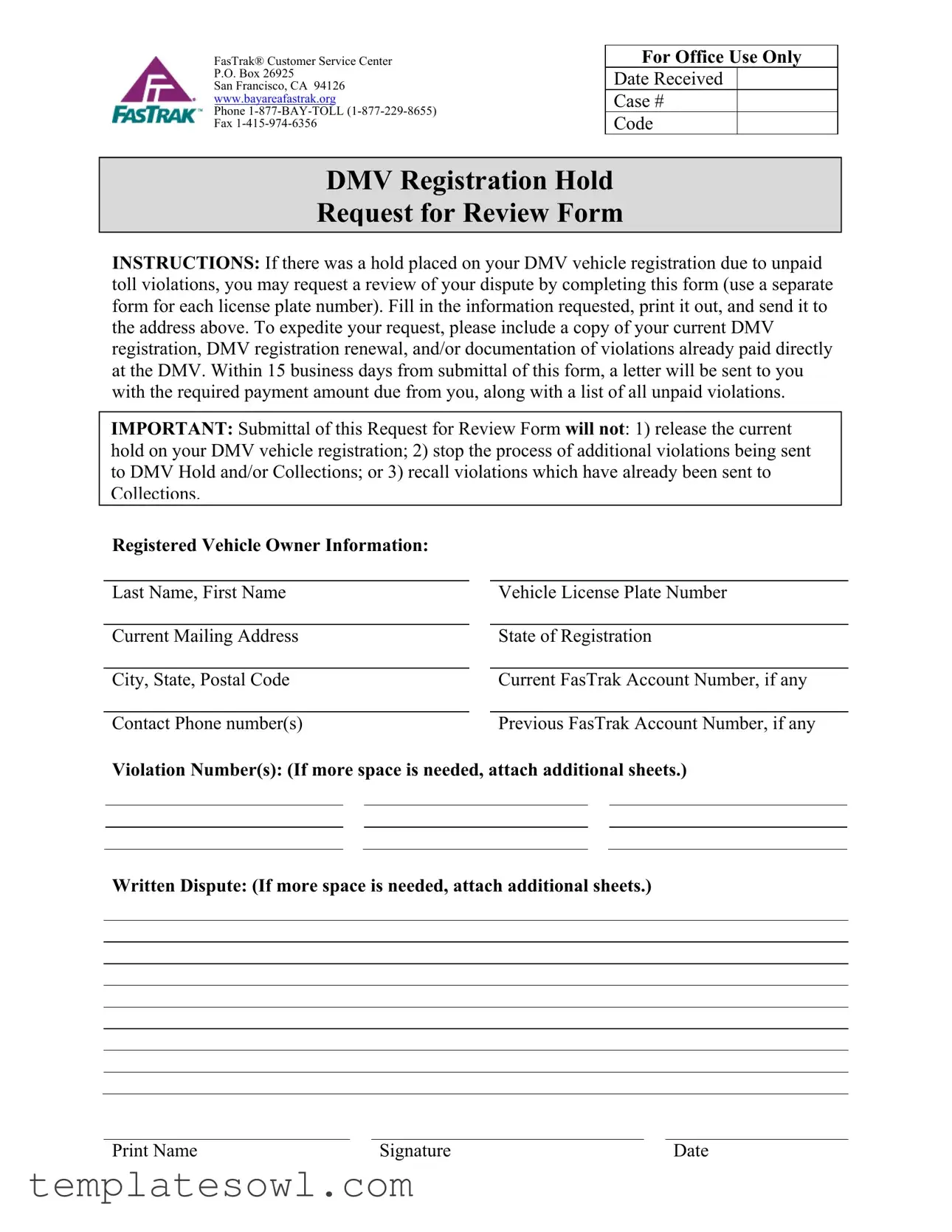 Fill Out Your Fastrak Dmv Registration Hold Form