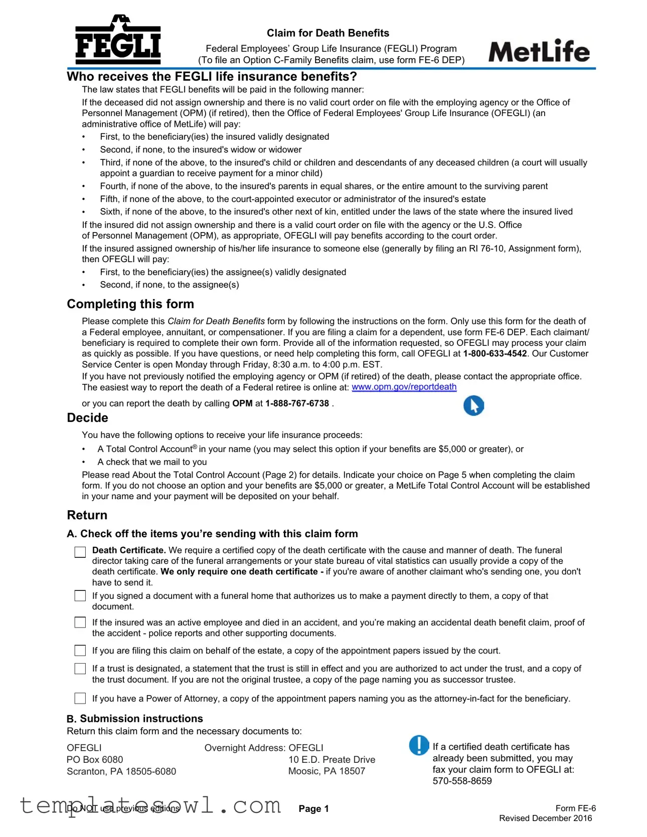 Fill Out Your Fe 6 Claim For Death Benefits Form