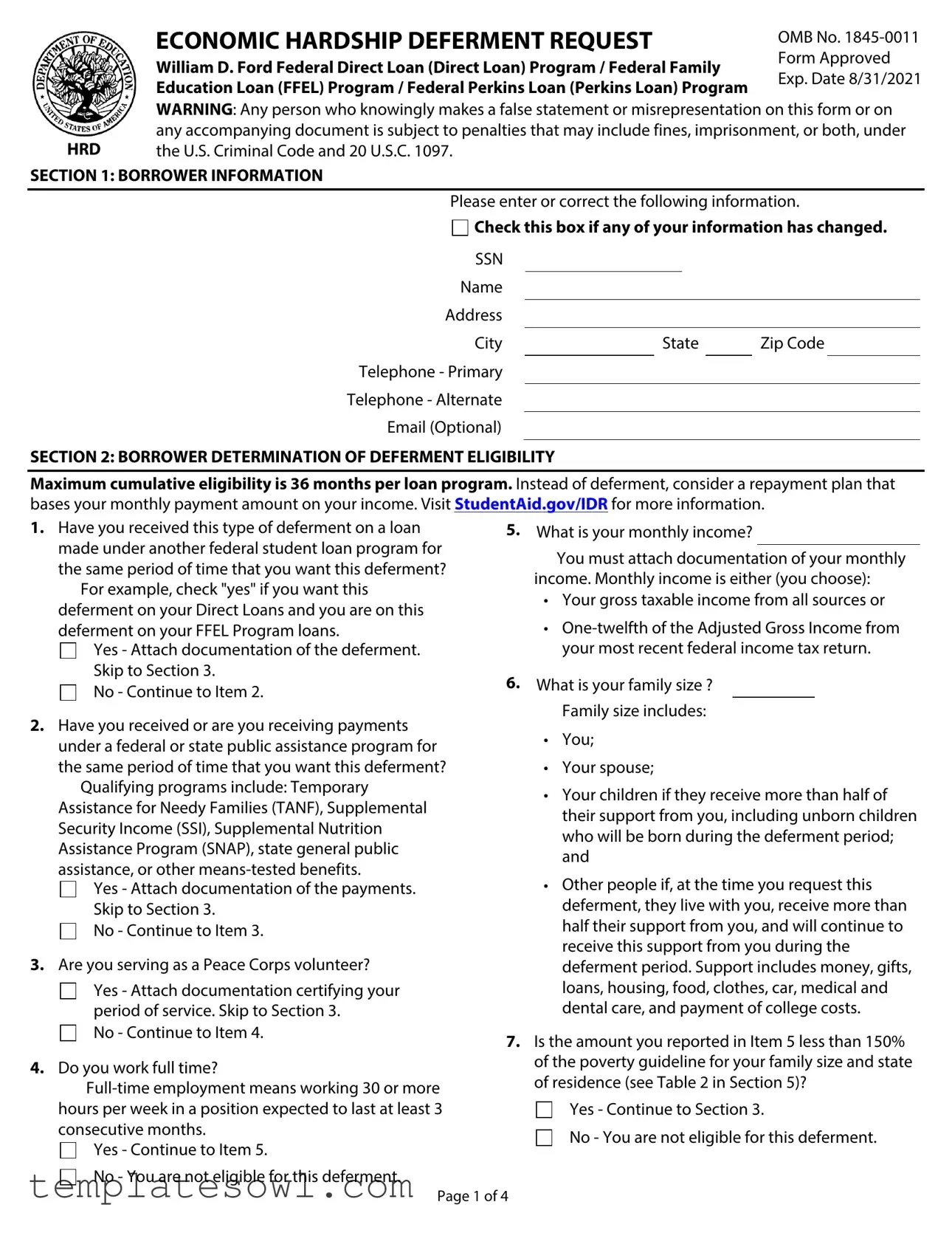 Fill Out Your Federal Loan Economic Hardship Request Form