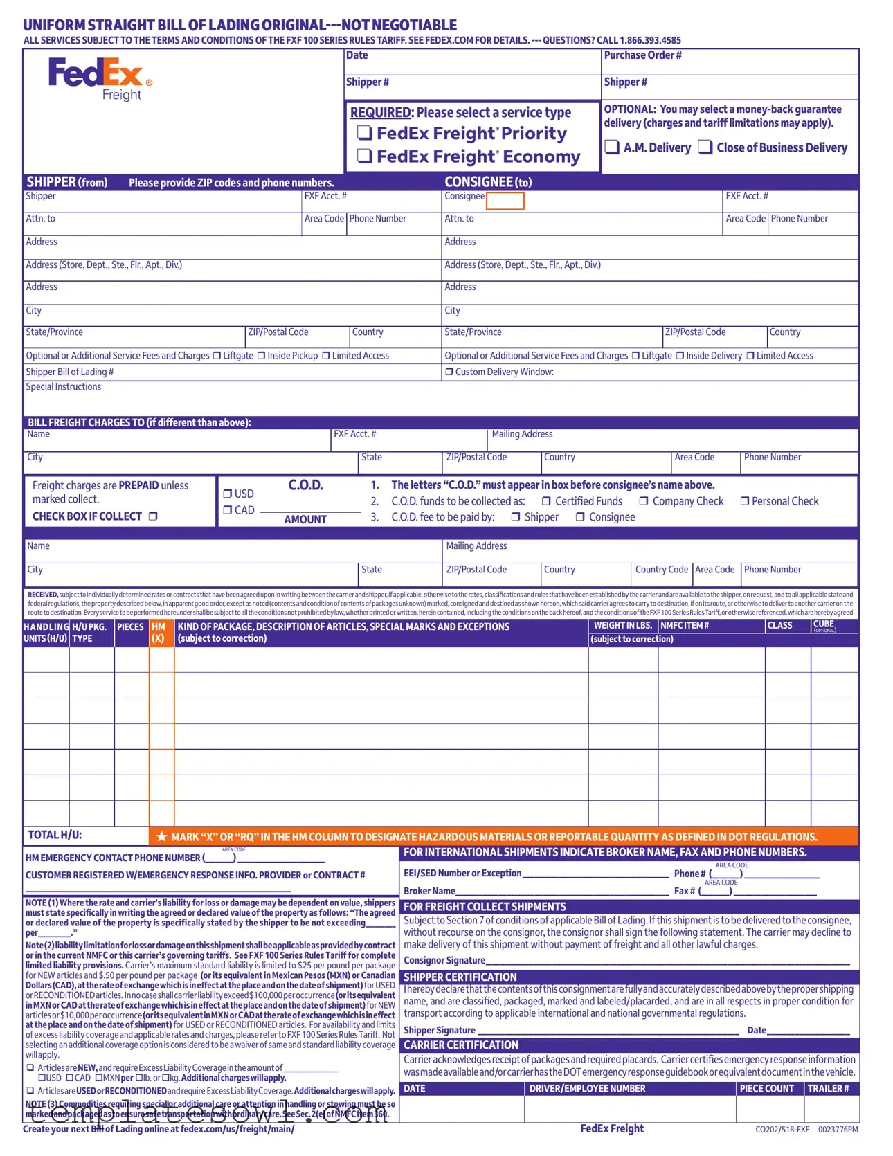 Fill Out Your Fedex Bill Of Lading Form