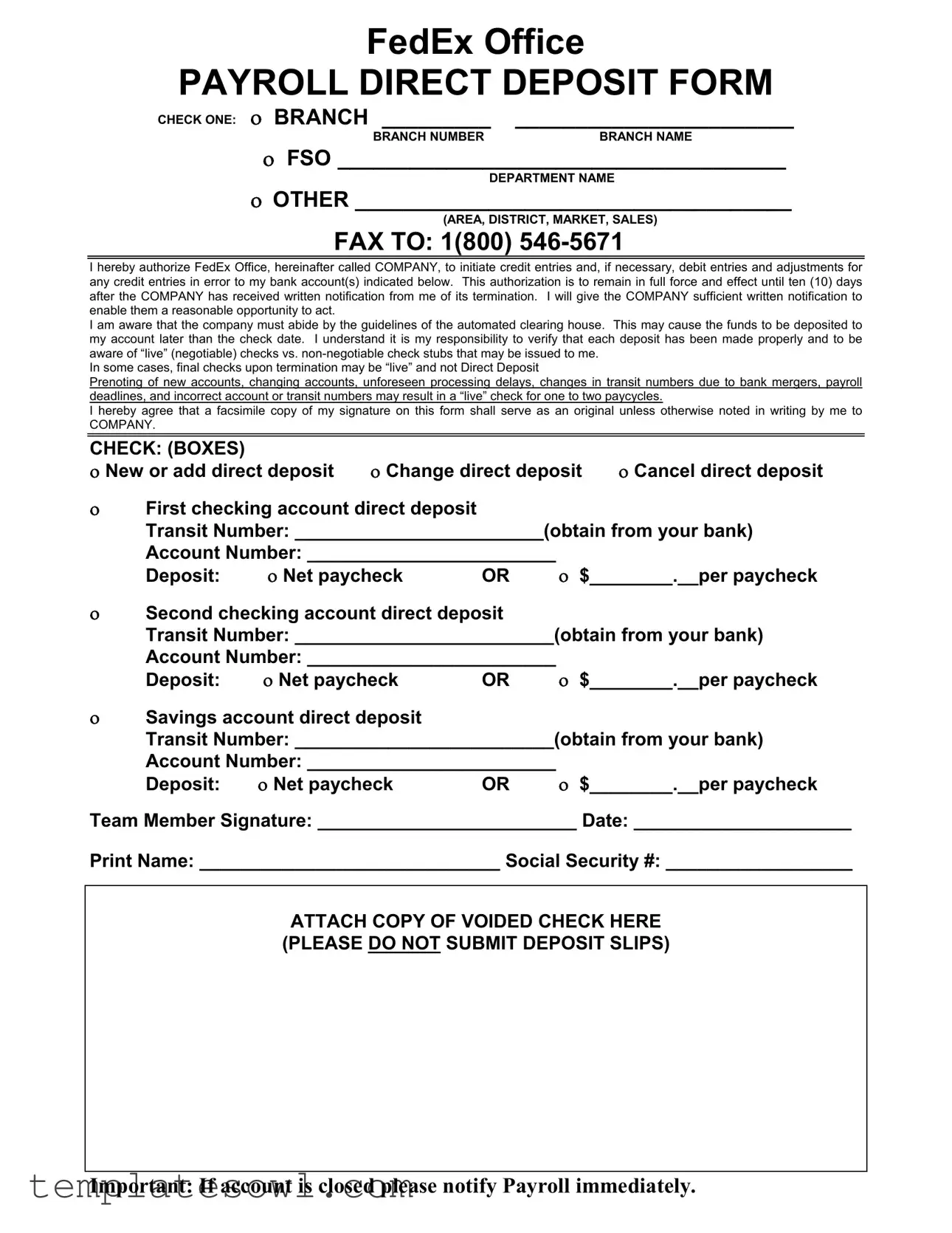 Fill Out Your Fedex Payroll Direct Deposit Form