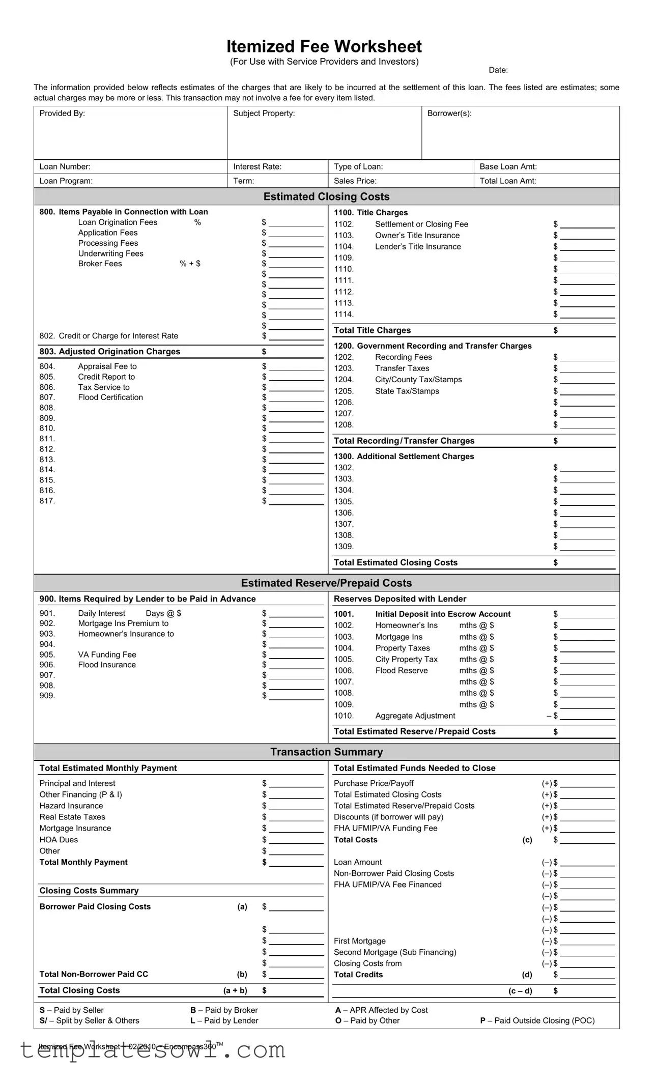Fill Out Your Fee Worksheet Form
