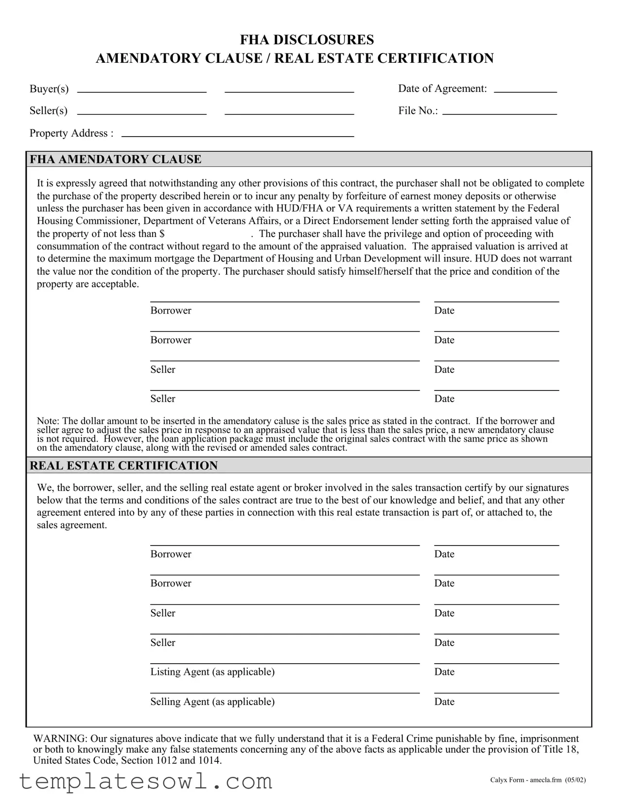 Fill Out Your Fha Amendatory Clause Form