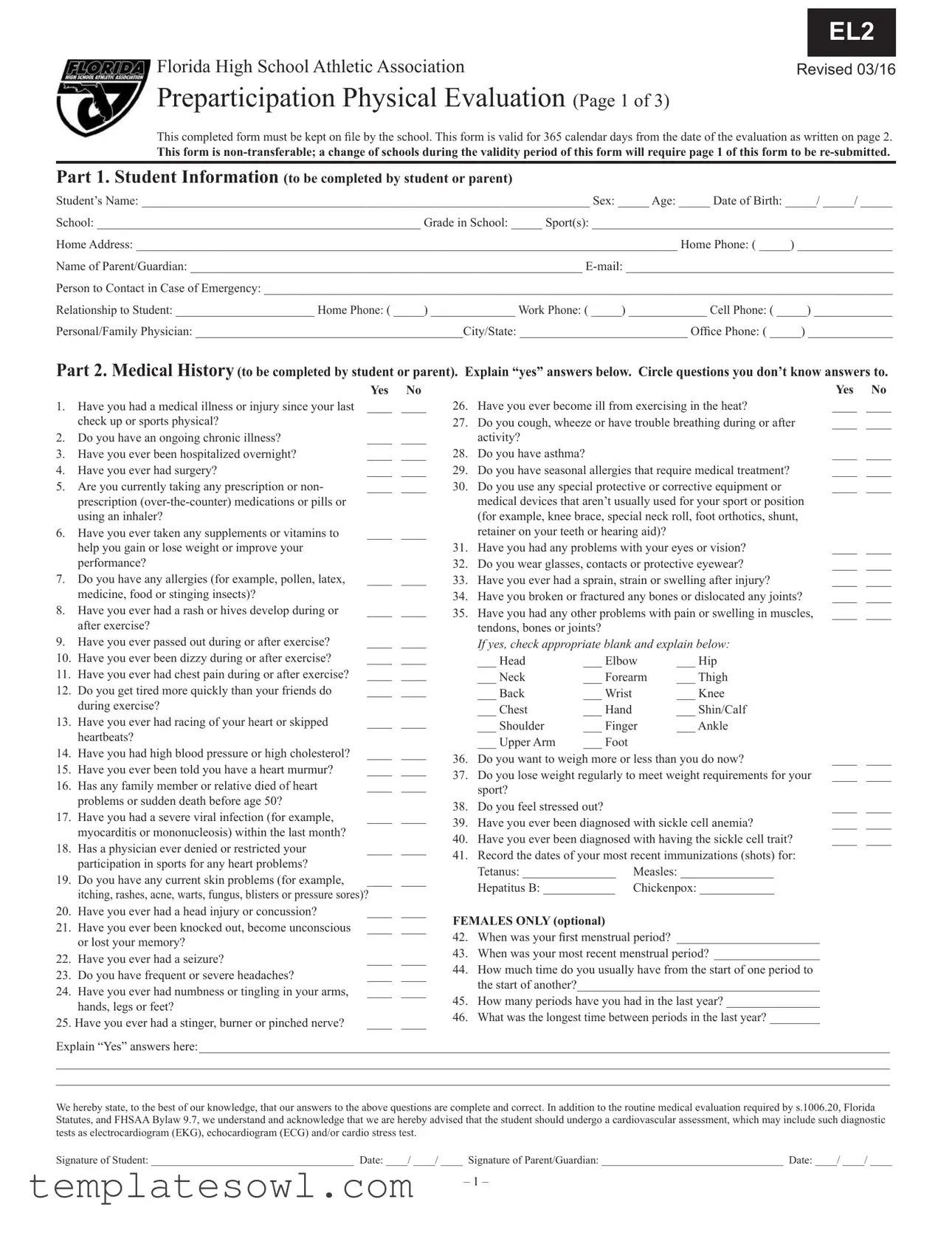 Fill Out Your Fhsaa El 2 Form