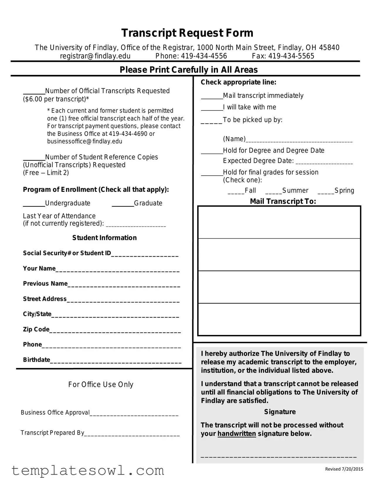 Fill Out Your Findlay Transcript Request Form