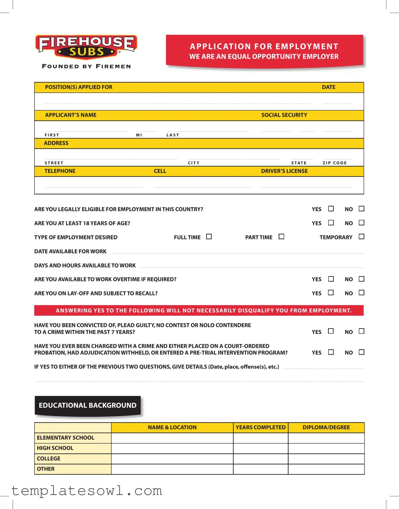 Fill Out Your Firehouse Subs Application Employment Form
