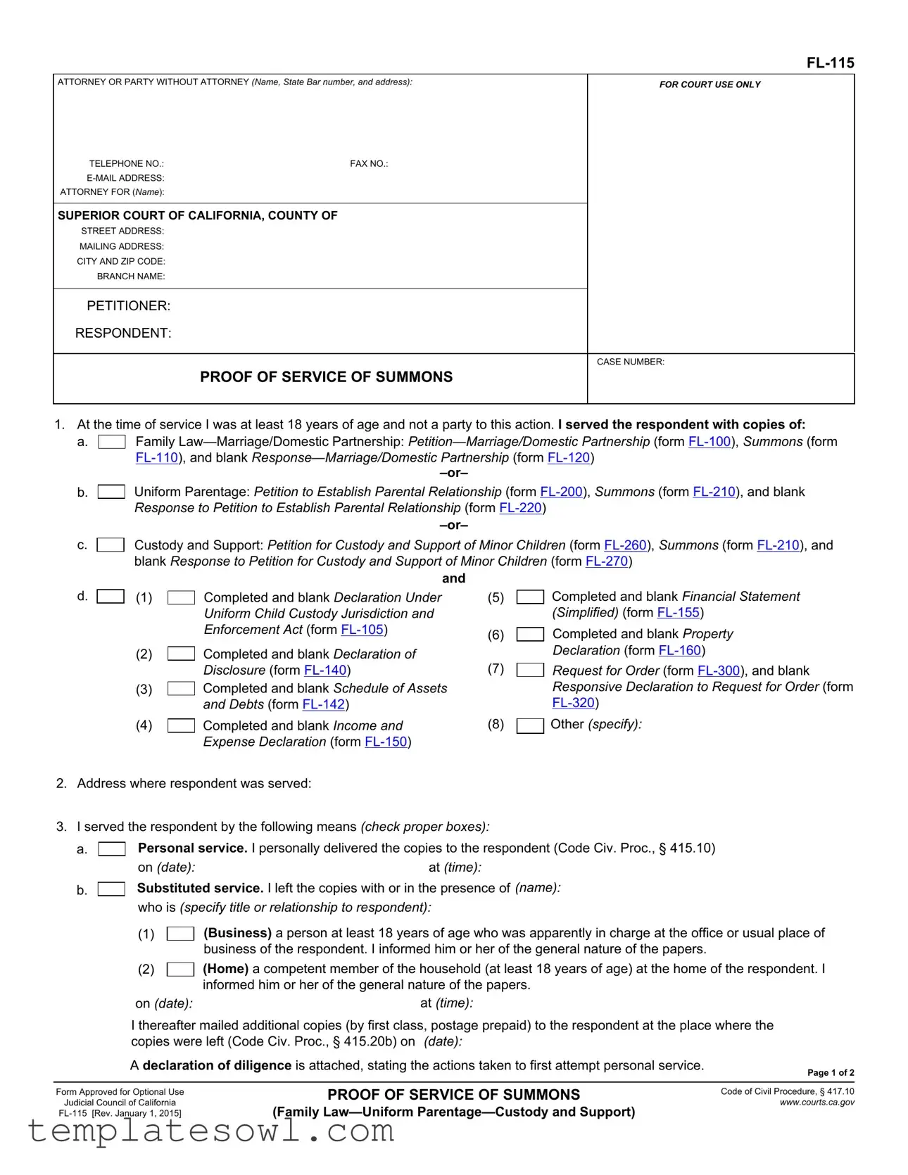 Fill Out Your Fl 115 Proof Of Service Form