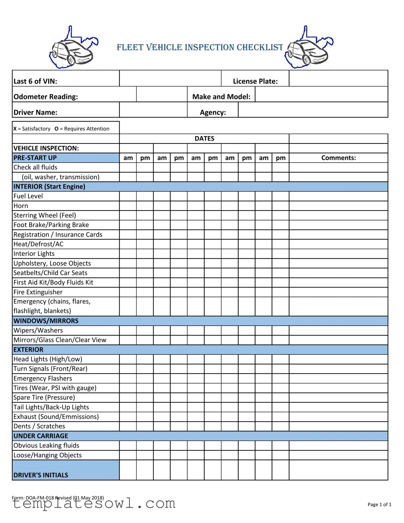 Fill Out Your Fleet Vehicle Inspection Form