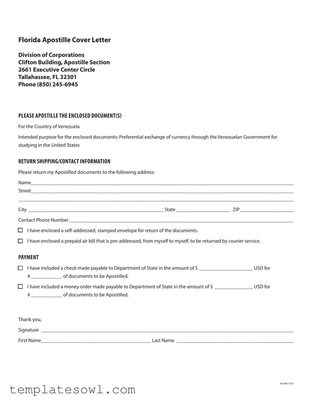 Fill Out Your Florida Apostille Cover Letter Sample Form