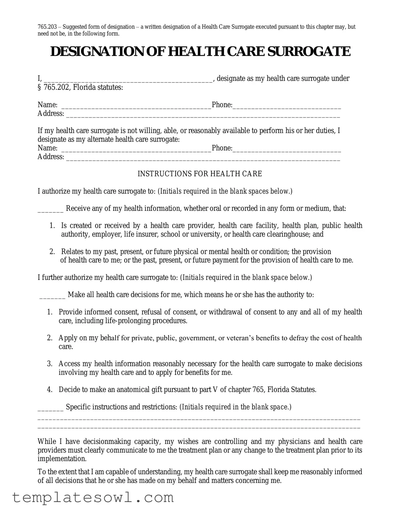 Fill Out Your Florida Health Care Surrogate Form
