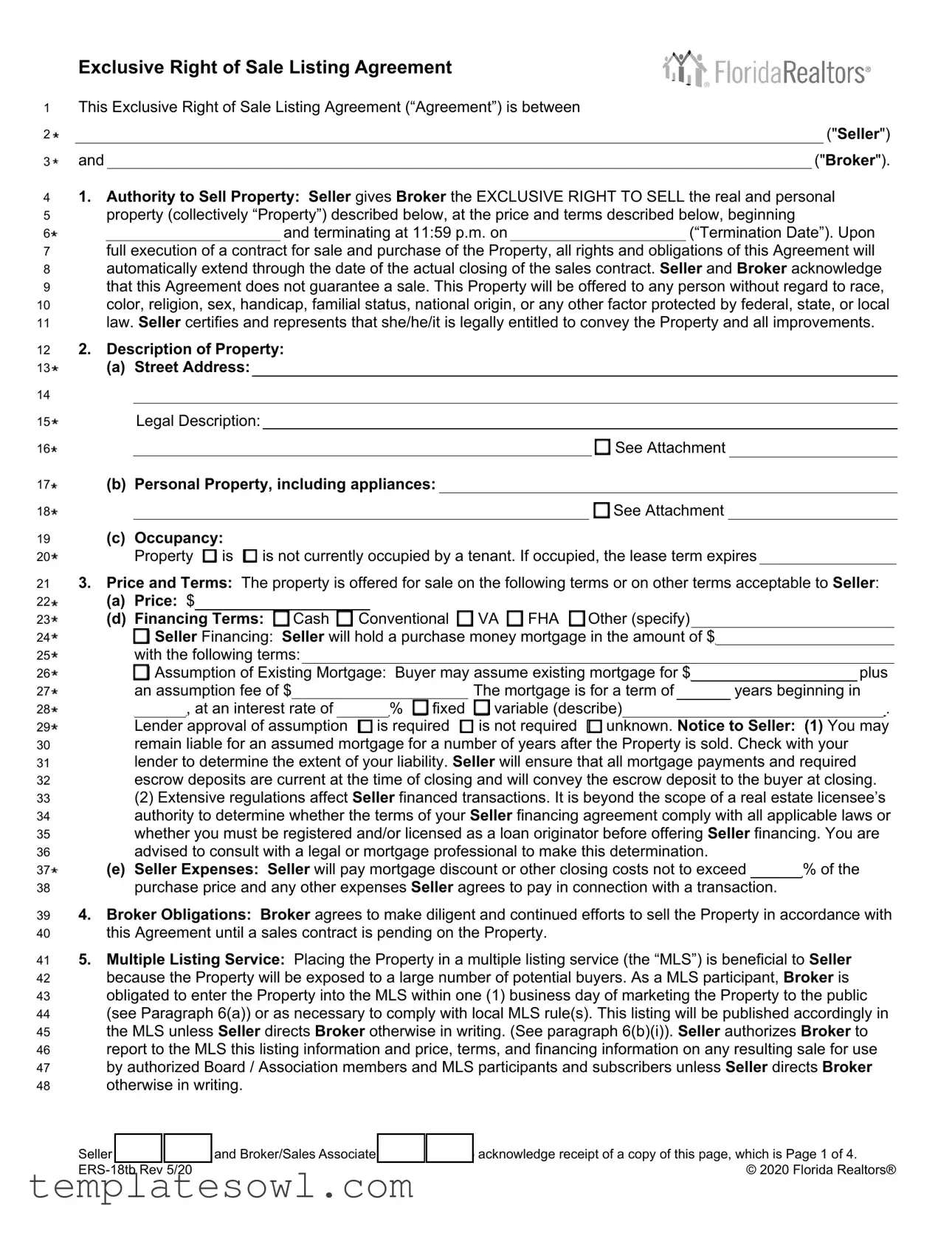 Fill Out Your Florida Listing Agreement Form