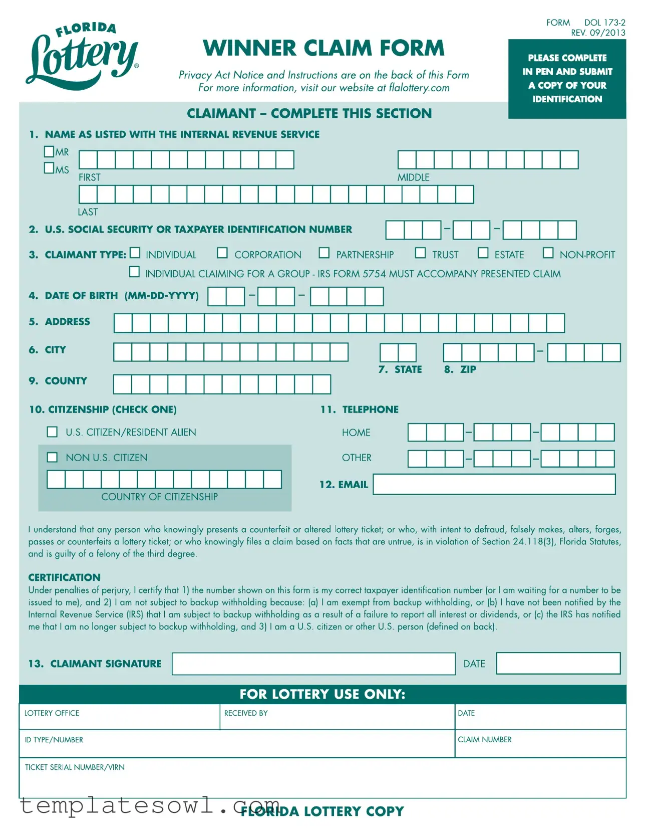 Fill Out Your Florida Lottery Claim Form