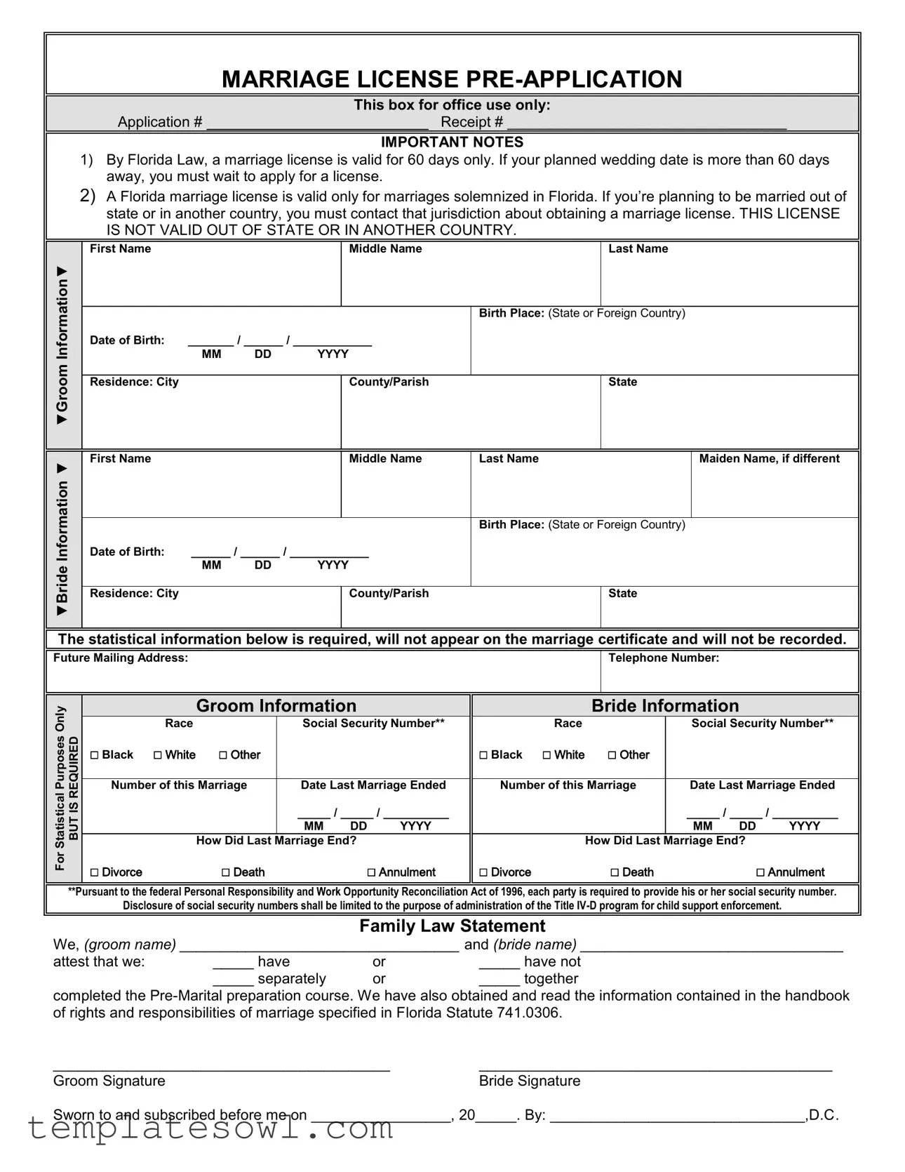 Fill Out Your Florida Marriage Application Form