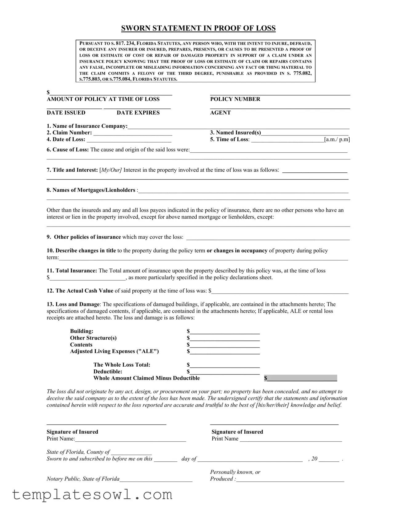 Fill Out Your Florida Proof Loss Form