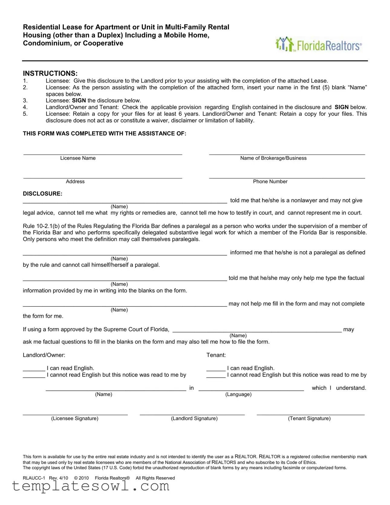 Fill Out Your Florida Realtors Residential Lease Form