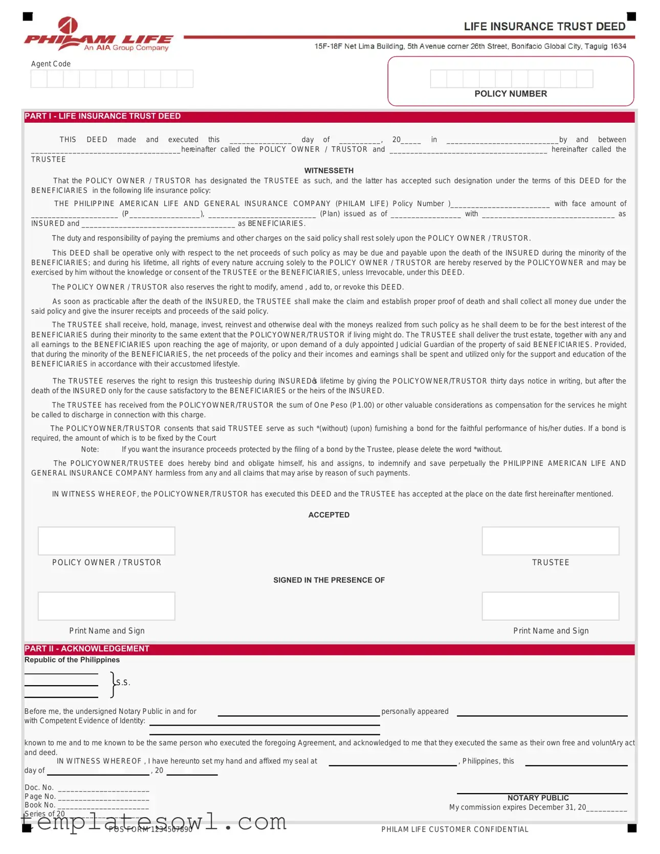 Fill Out Your For Life Insurance Trust Form