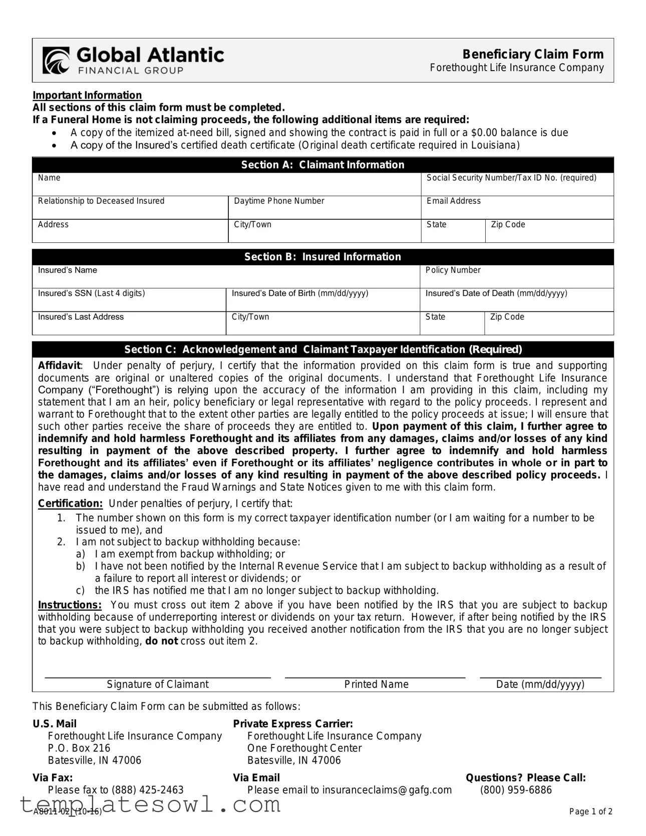 Fill Out Your Forethought Life Insurance Claim Form