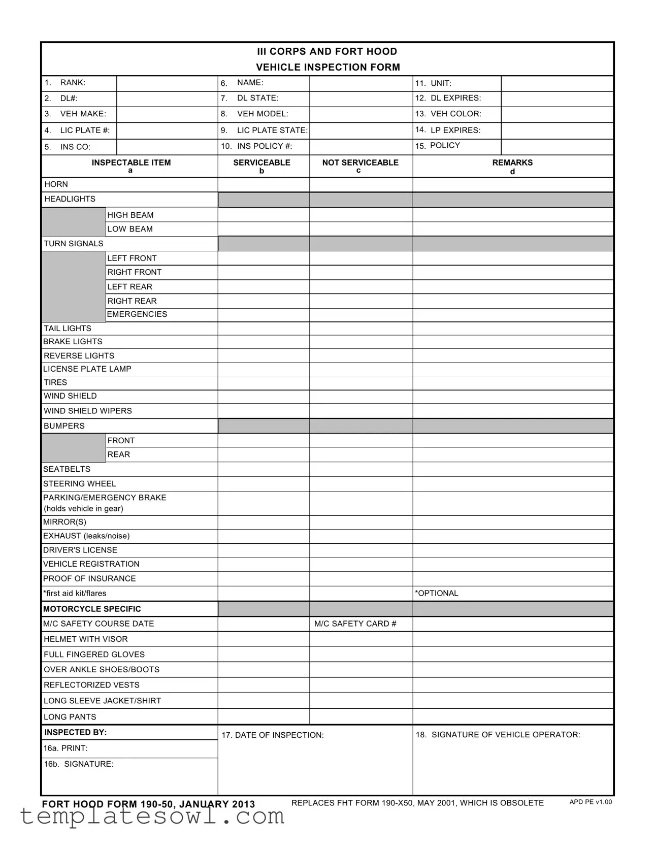 Fill Out Your Fort Hood 190 50 Form