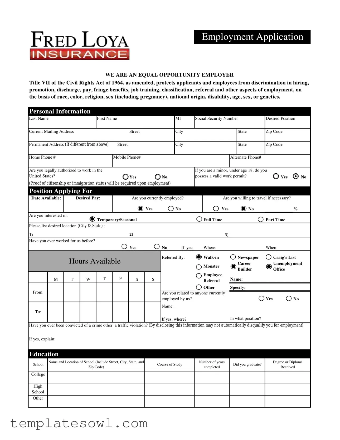 Fill Out Your Fred Loya Employment Application Form